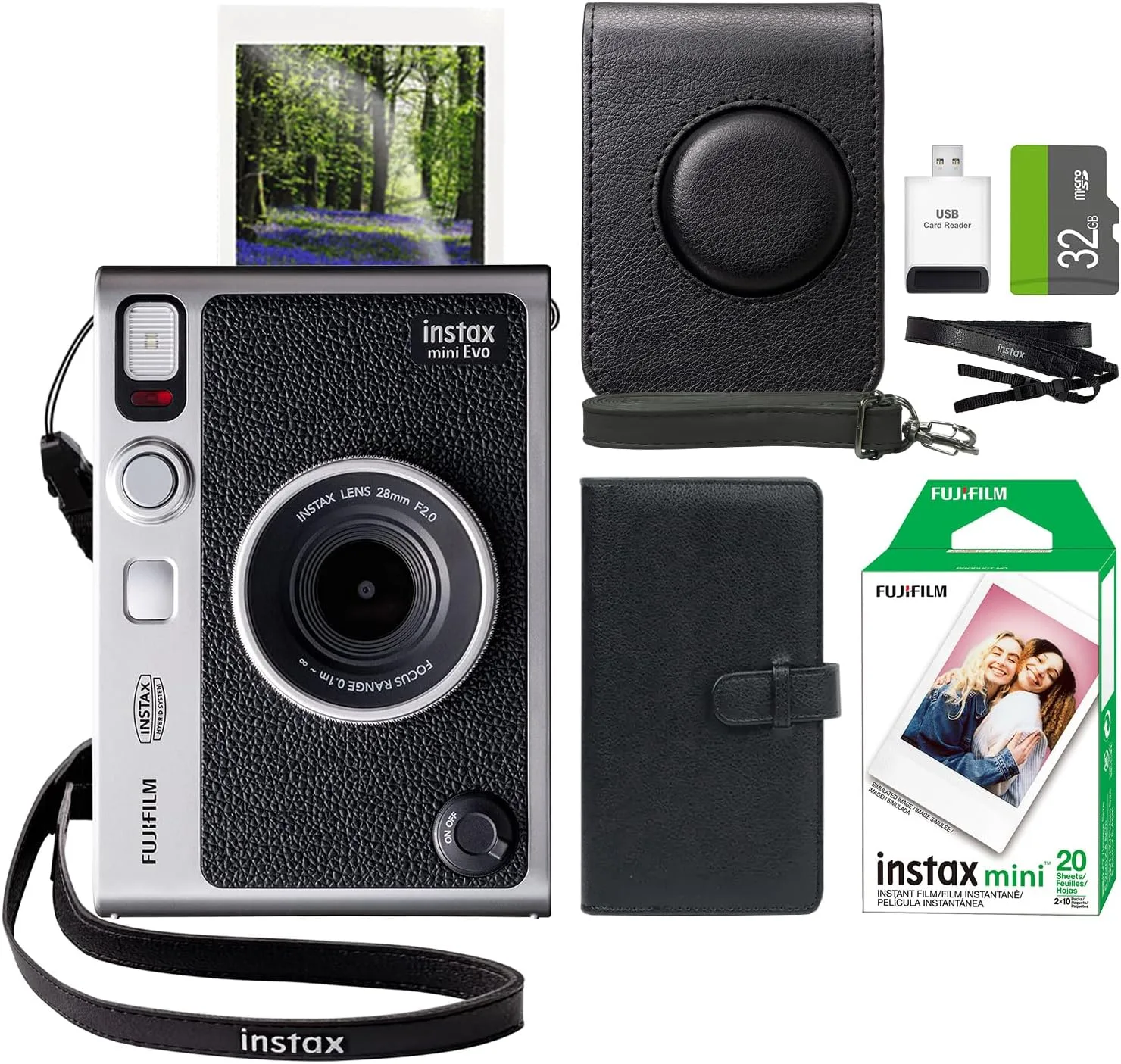 FUJIFILM INSTAX Mini EVO Hybrid Instant Camera + Fuji Instax Film 20 Sheet + Custom Case & Album 32GB Accessory Bundle (Black)