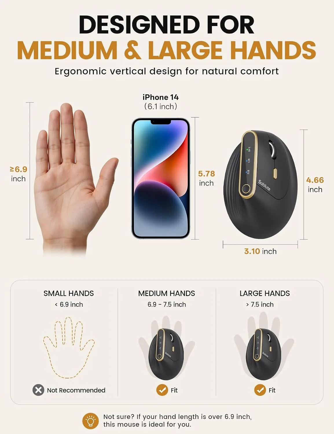 SABLUTE MAM4 Ergonomic Wireless Vertical Mouse for Medium & Large Hands