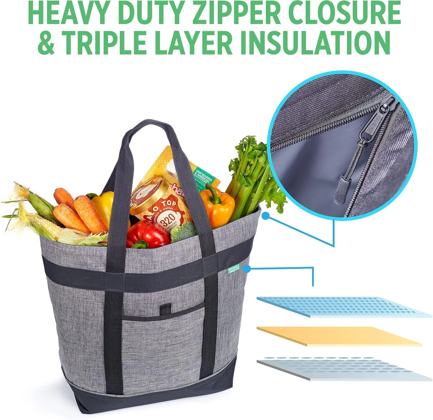 Jumbo Insulated Cooler Bag, Heavy Duty Soft Insulated Grocery Bag, Charcoal