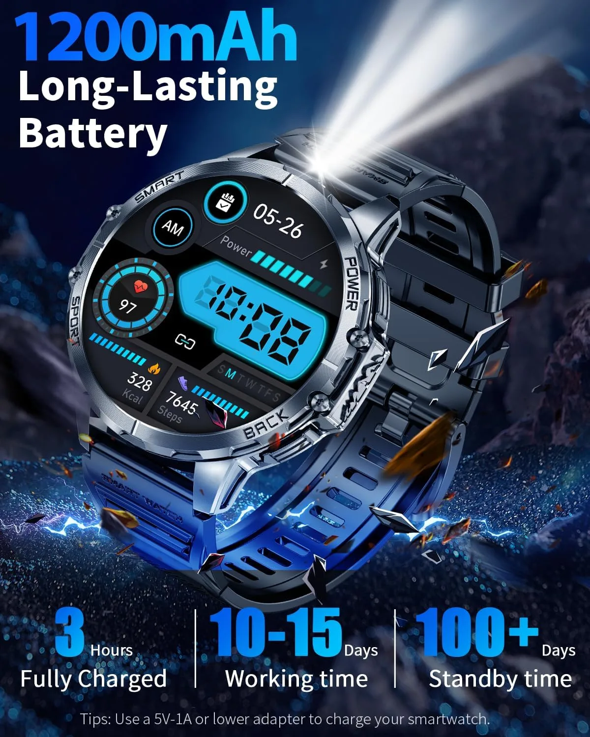 Military Smartwatch for Men, Top-Mounted Flashlight, 1200mAh Battery