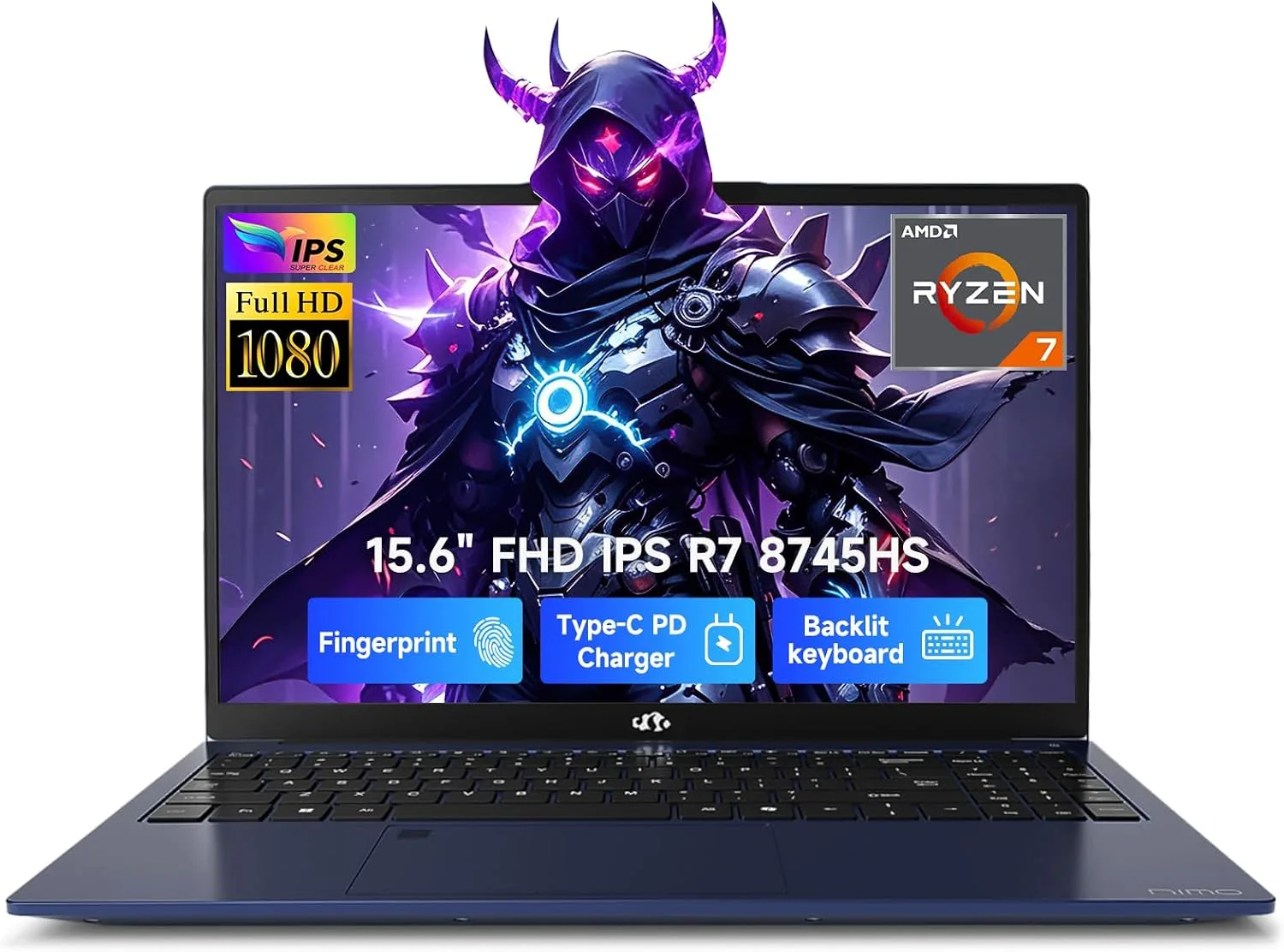 NIMO 15.6" FHD AI-Ready-Laptop, AMD R7-8745HS 16GB DDR5 RAM 512GB SSD (8C/16T, Beat R9 7940HS up to 4.9GHz) 780M-Graphics 100W Type-C Backlit Keyboard Fingerprint for Creators Streaming & Light Gaming