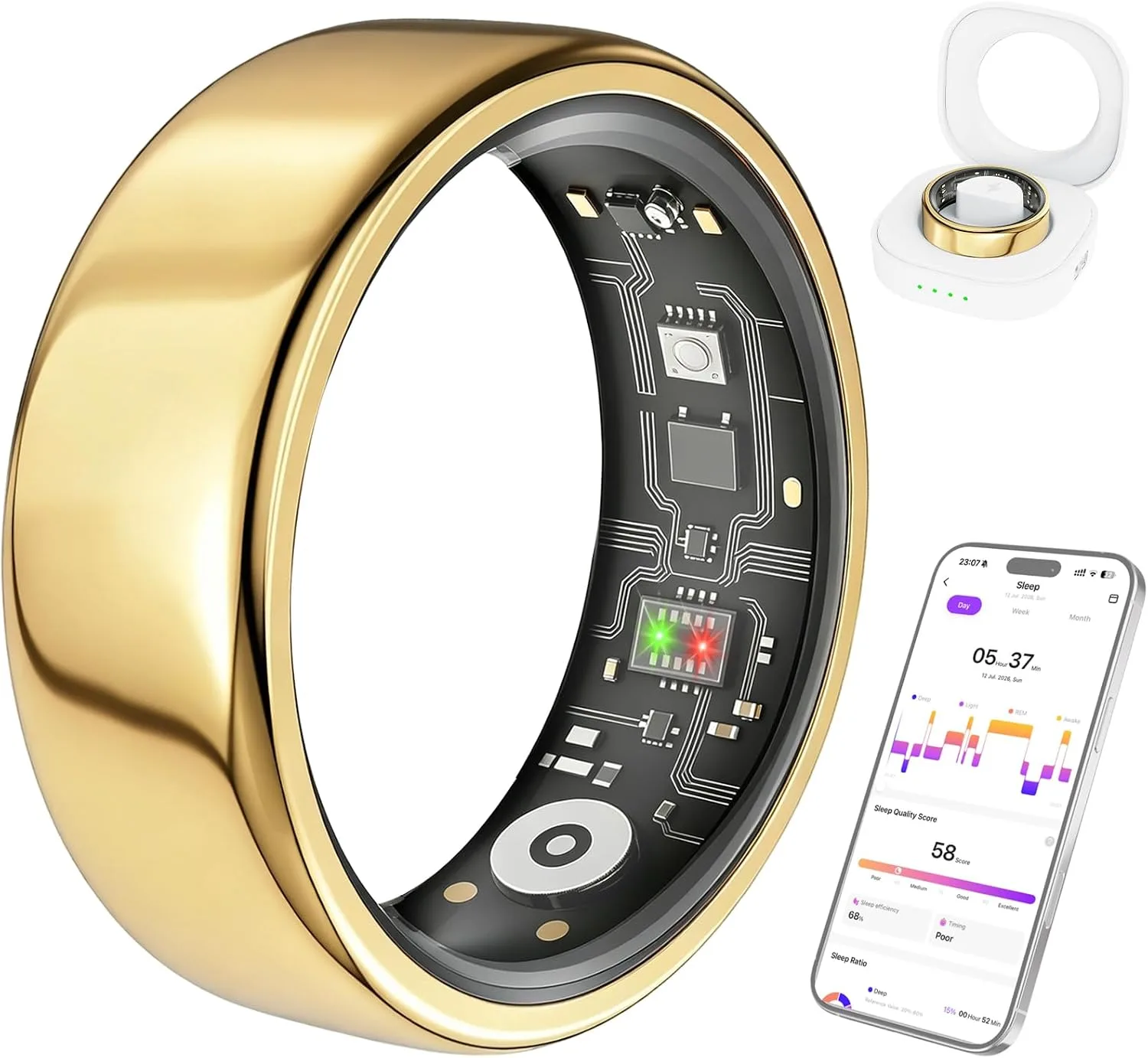 Smart Ring for Women & Men, Fitness Ring with Heart Rate, Sleep Monitor & Stress, IP68 Waterproof Sleep Ring, No APP Subscription (New Gold, 7)
