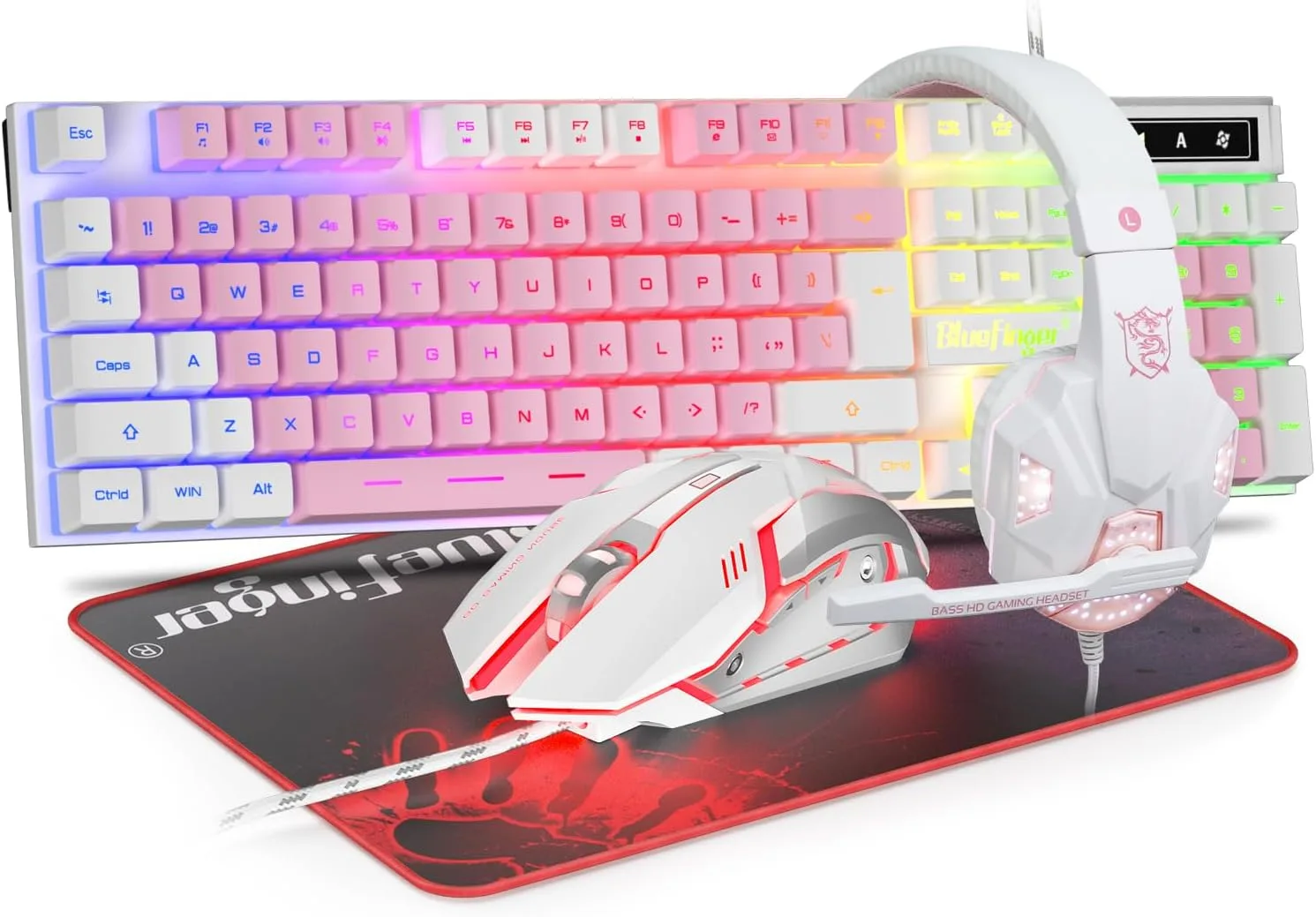 Kit de teclado, mouse y headset BlueFinger RGB Gaming blanco y rosa