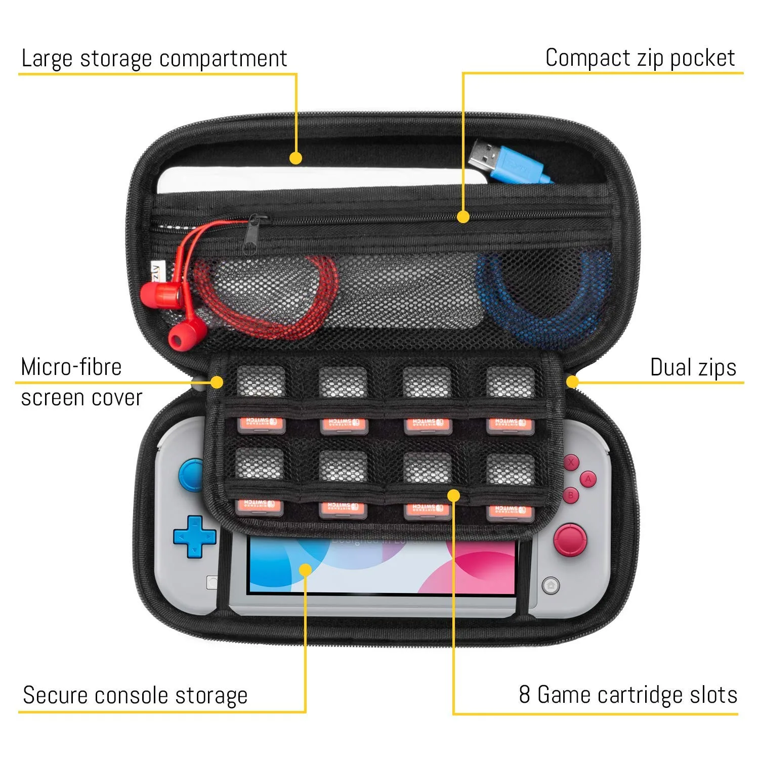 Orzly Case for Nintendo Switch Lite - Portable Travel Carry Case with storage for Switch Lite Games & Accessories [Yellow]