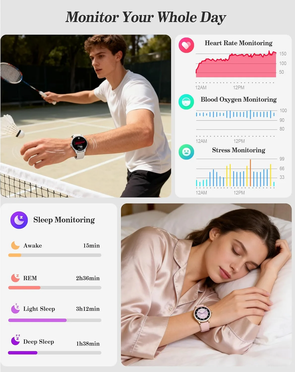 Smart Watch for Women, Ladies & Men, 1.27'' Fitness Watch [41mm case] with Call Receive/Dial, Heart Rate/Stress/Sleep Monitor, AI Voice, IP68 Waterproof Smartwatch with Calendar, Calculator, Games