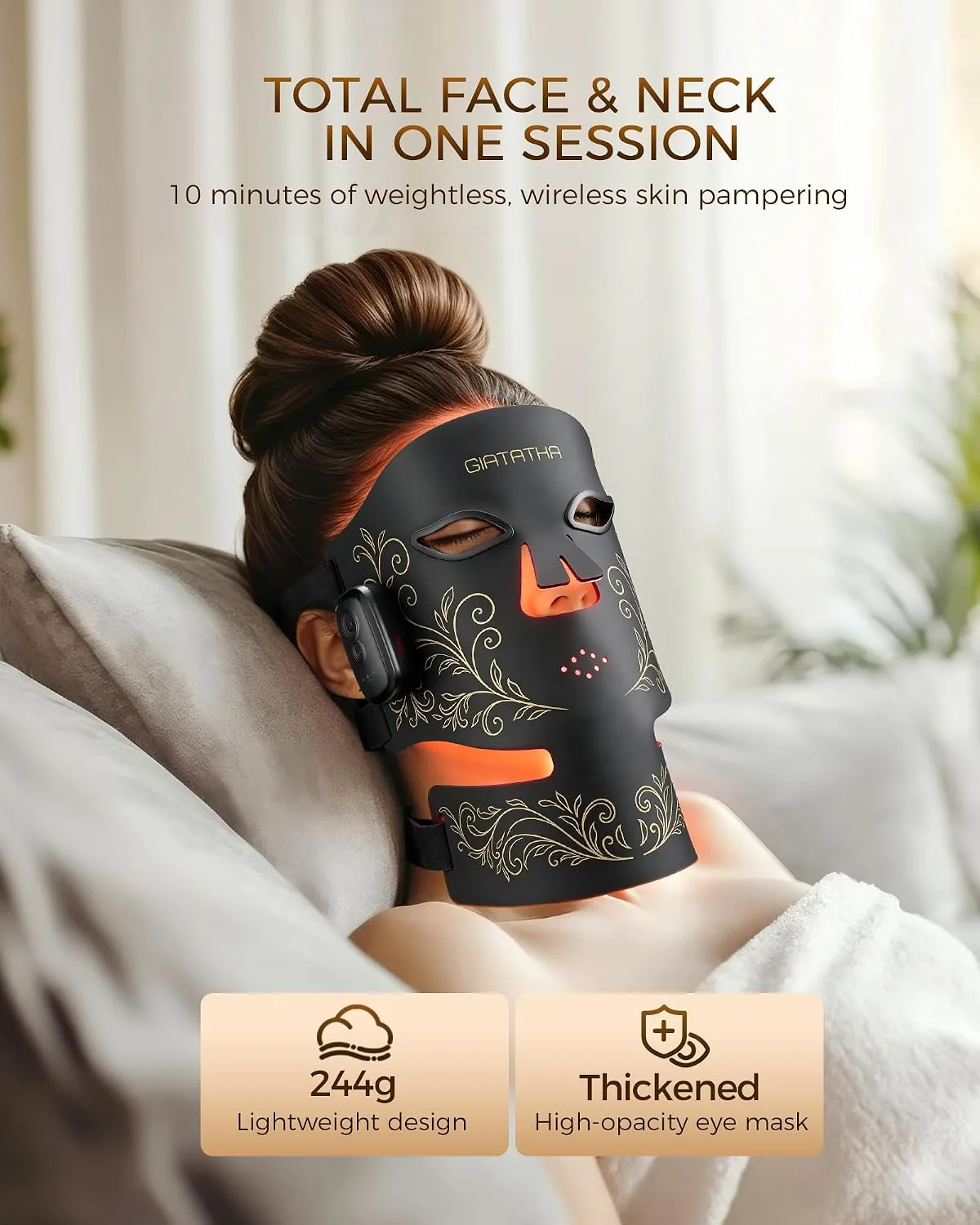 Wireless Red Light Therapy Mask for Face & Neck, 4 Modes LED Face Mask