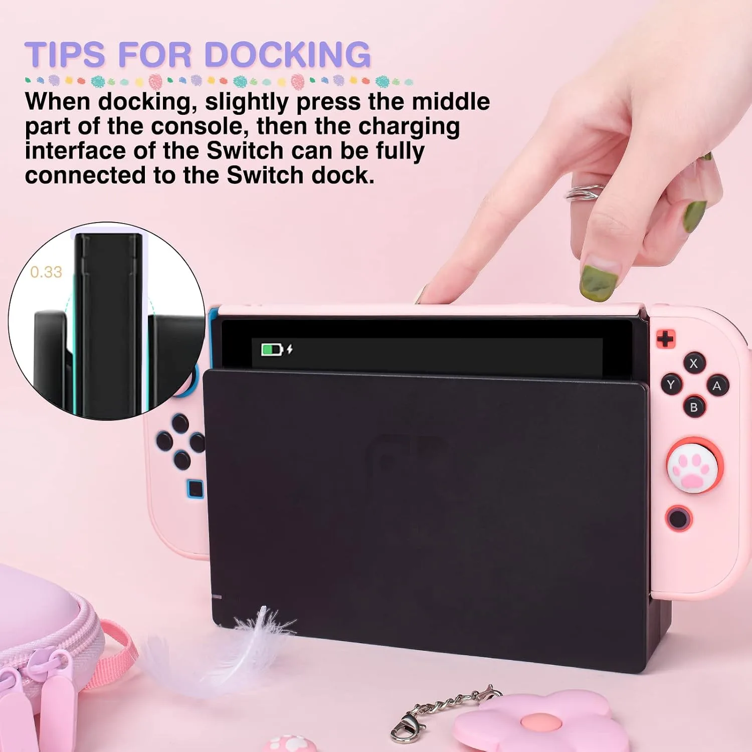 DLseego Pink Switch Case Set Carrying Case with 10 Slots Cute Protective Dockable Hard Shell with 4PCS Lovely Cat Paw Thumb Grips Caps and 1PC Flower Blossom Chain for Switch 2017 Version