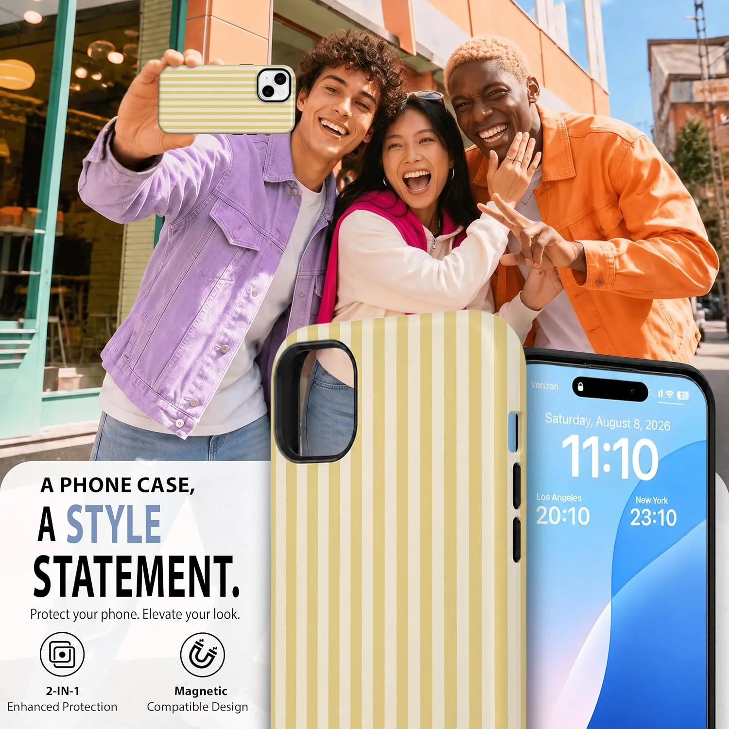 Magnetic for iPhone 15 Phone Case, Cute Butter Yellow Striped