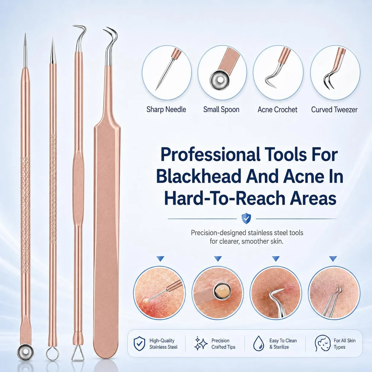 Pimple Popper Tool Kit, MENOLY 10 Pcs Blackhead Remover Comedone Extractor Acne Removal Kit for Blemish, Whitehead Popping,Zit Removing for Nose Face Tools with a Leather Bag (Rose Gold)