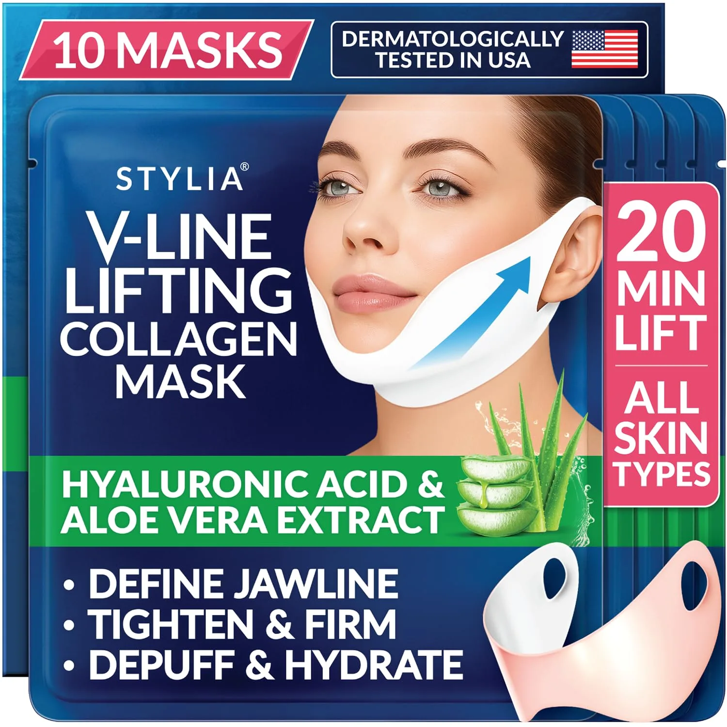 Mascarilla Stylia V Line Lifting Collagen para contorno facial y cuello 10 unidades