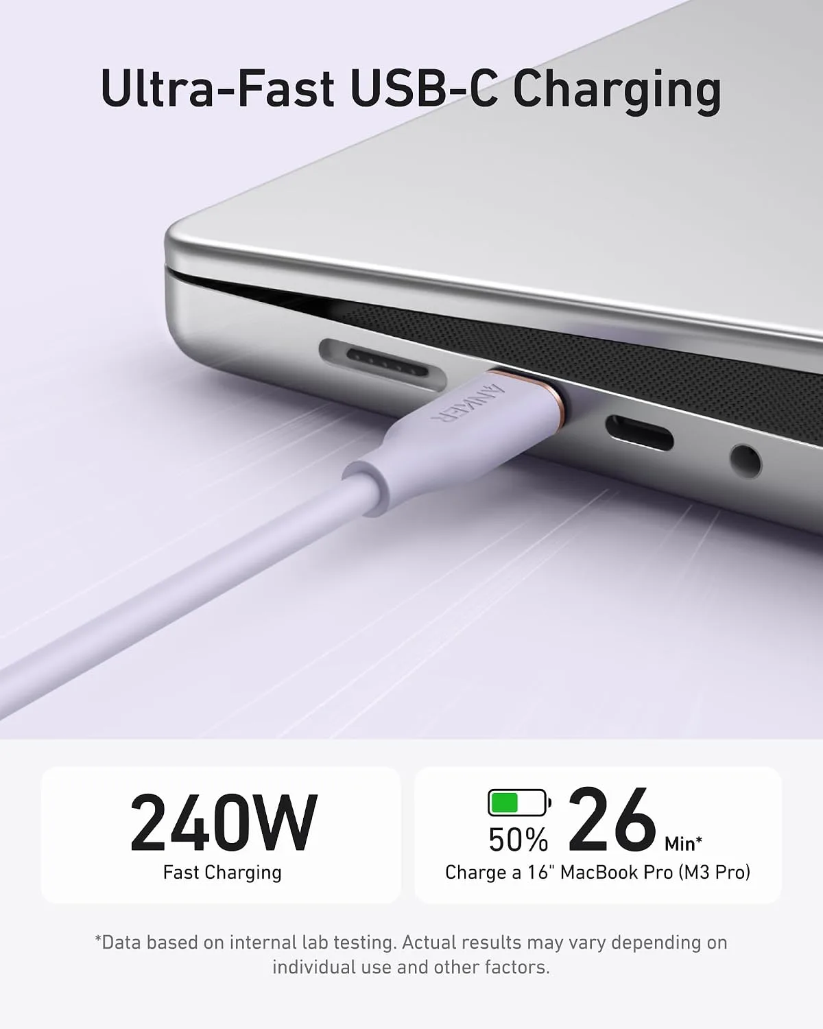 Anker USB C Cable, 240W Type C Fast Charging Cord (1-Pack, 6 ft, Purple)