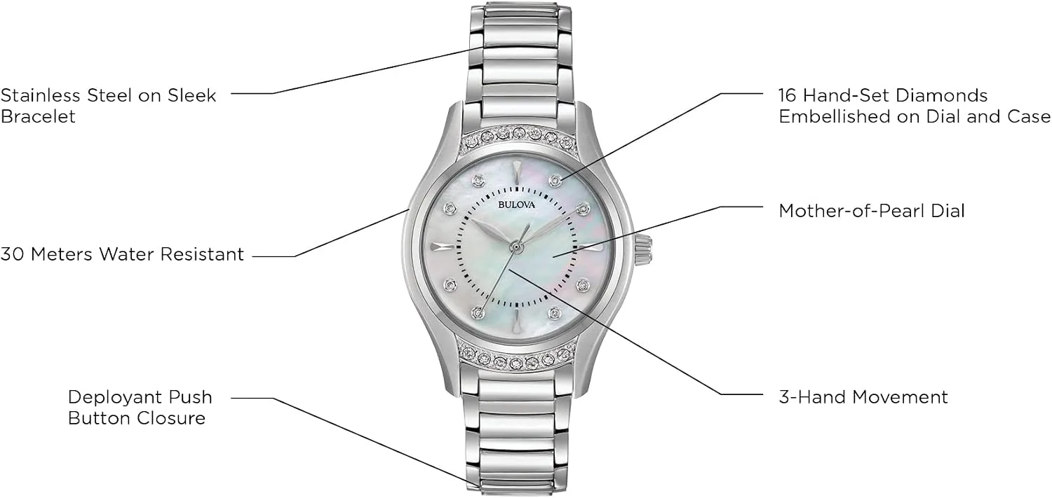Bulova Ladies' Classic Diamond 3-Hand Quartz Stainless Steel Watch, 16 Diamonds, Mother-of-Pearl Dial, Curved Mineral Crystal