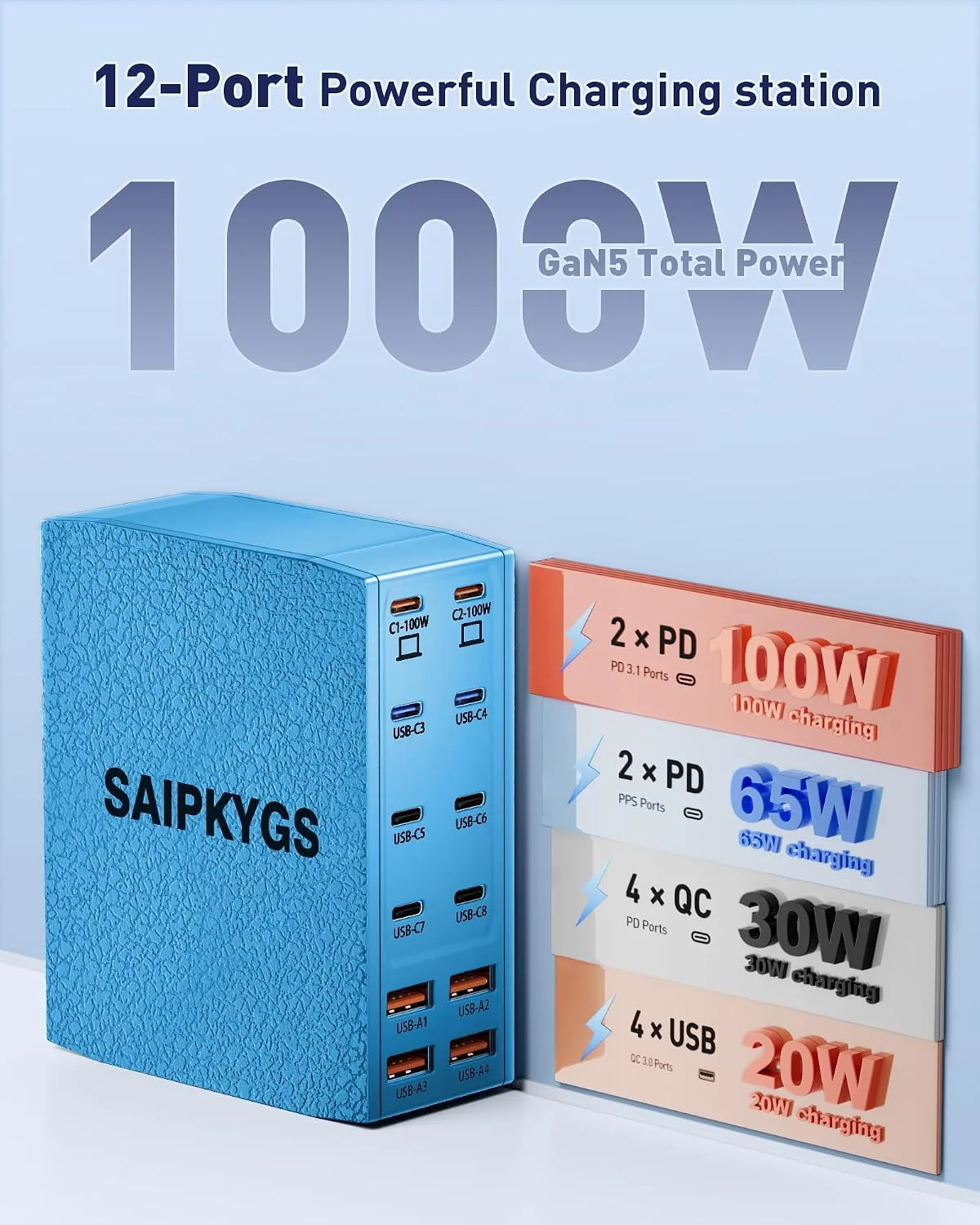 1000W USB Charging Station,12-Port USB C Charger Block with Dual 100W PD