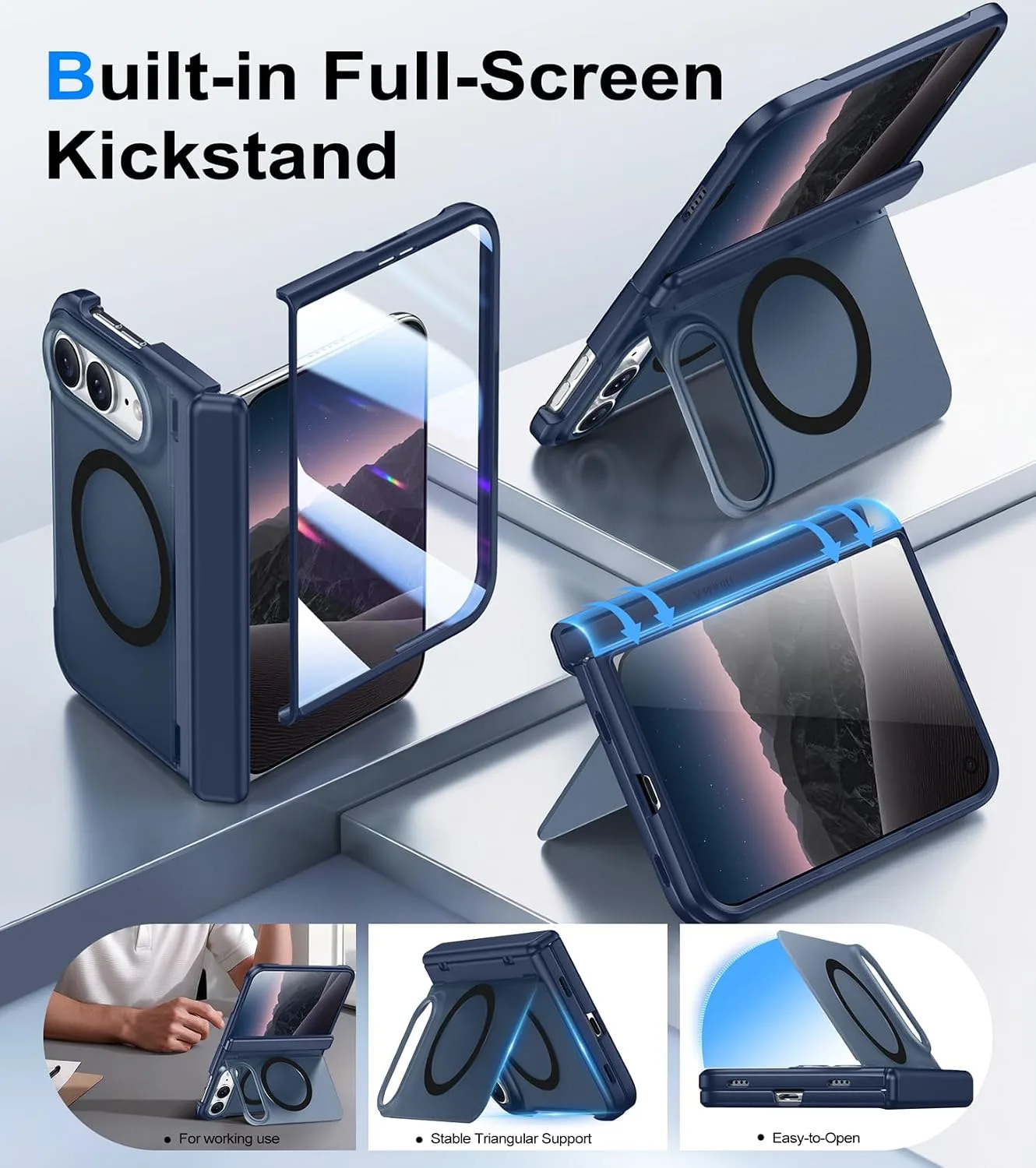 Red2Fire for iPhone Duo Case with Built-in Screen Protector, [Compatible with Magsafe], [Built-in Kickstand & Full Body Hinge Protection] Magnetic Slim iPhone Ultra Fold Case,Blue
