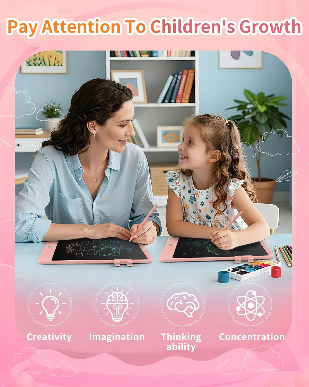 LCD Writing Tablet for Kids, 10 InchPortable Colorful Drawing Tablet, Toddler Drawing Pads, ​Travel Learning Toys for Kids Ages 3.4.5.6.7.8, Erasable Reusable Doodle Board (Pink)