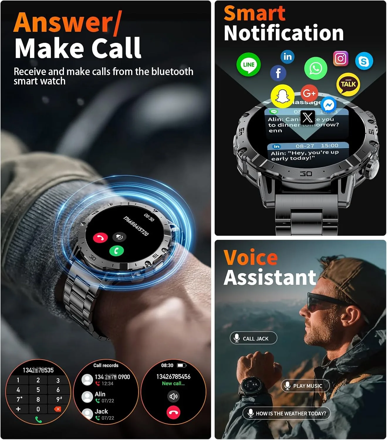 Military Smart Watch for Men, 1000 mAh 60 Days Large Battery, 1.85″ HD Smartwatch with LED Flashlight/IP68/100+ Sport Modes Fitness Tracker, Smart Watches for Android iOS, 3 Straps, Dark Grey