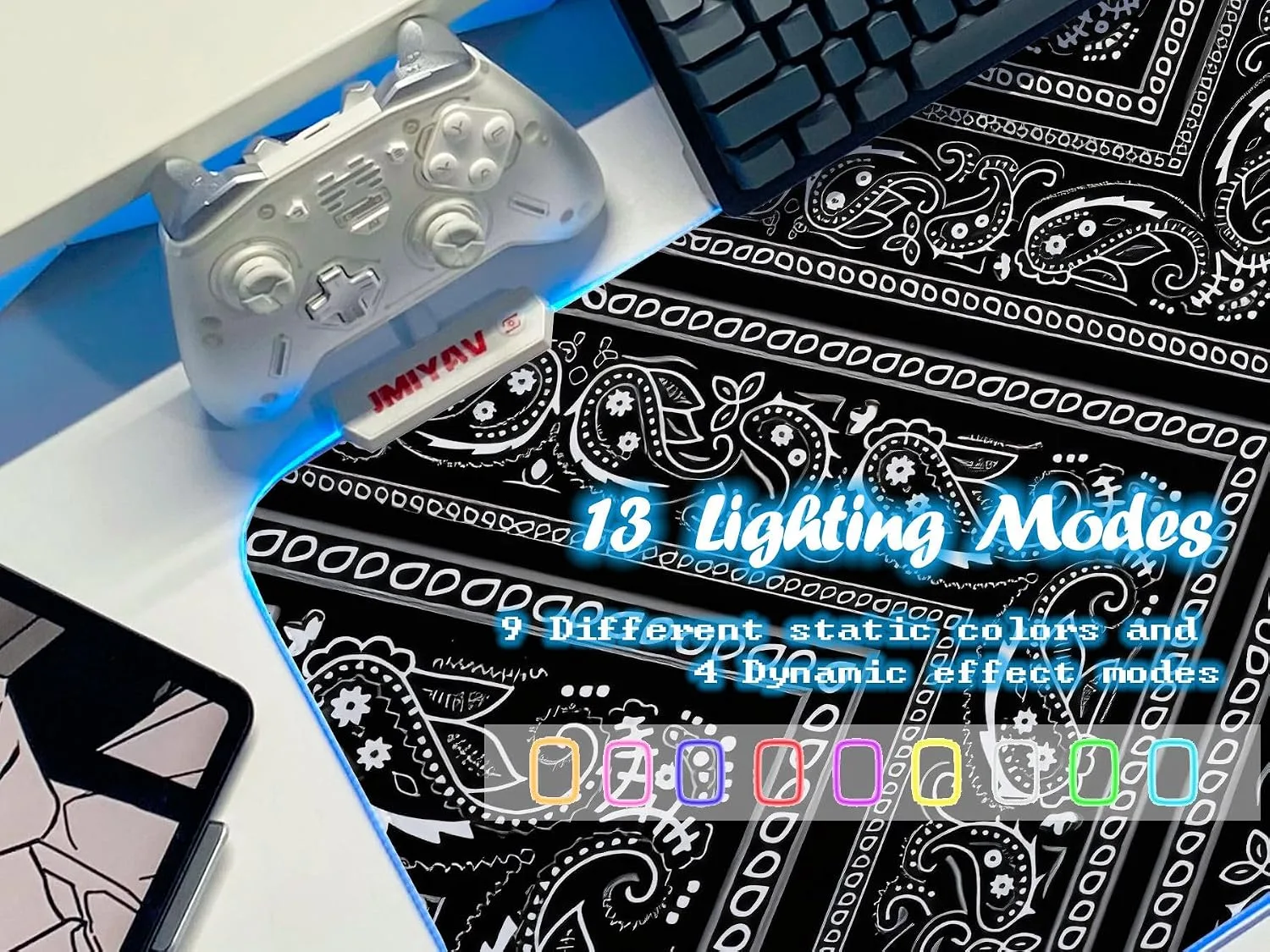 JMIYAV White Gaming Mouse Pad RGB Mousepad 31.5x12In Non-Slip Rubber Base Extra Large Cool XL XXL Computer Desk Pad Gaming Accessories Setup LED Light Up Big Mouse Pad for Gamer Black Obsidian Weave