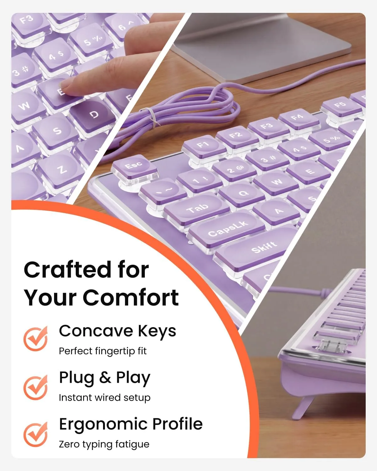 Wired Keyboard with White Backlit, Never Fade, Soft Click Typing, Purple