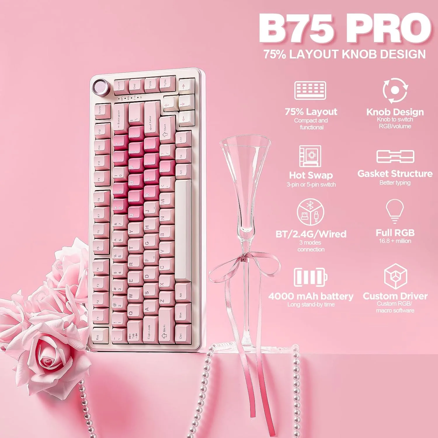 YUNZII B75 PRO 75% Wireless Mechanical Keyboard (Pink, Cocoa Cream V2)