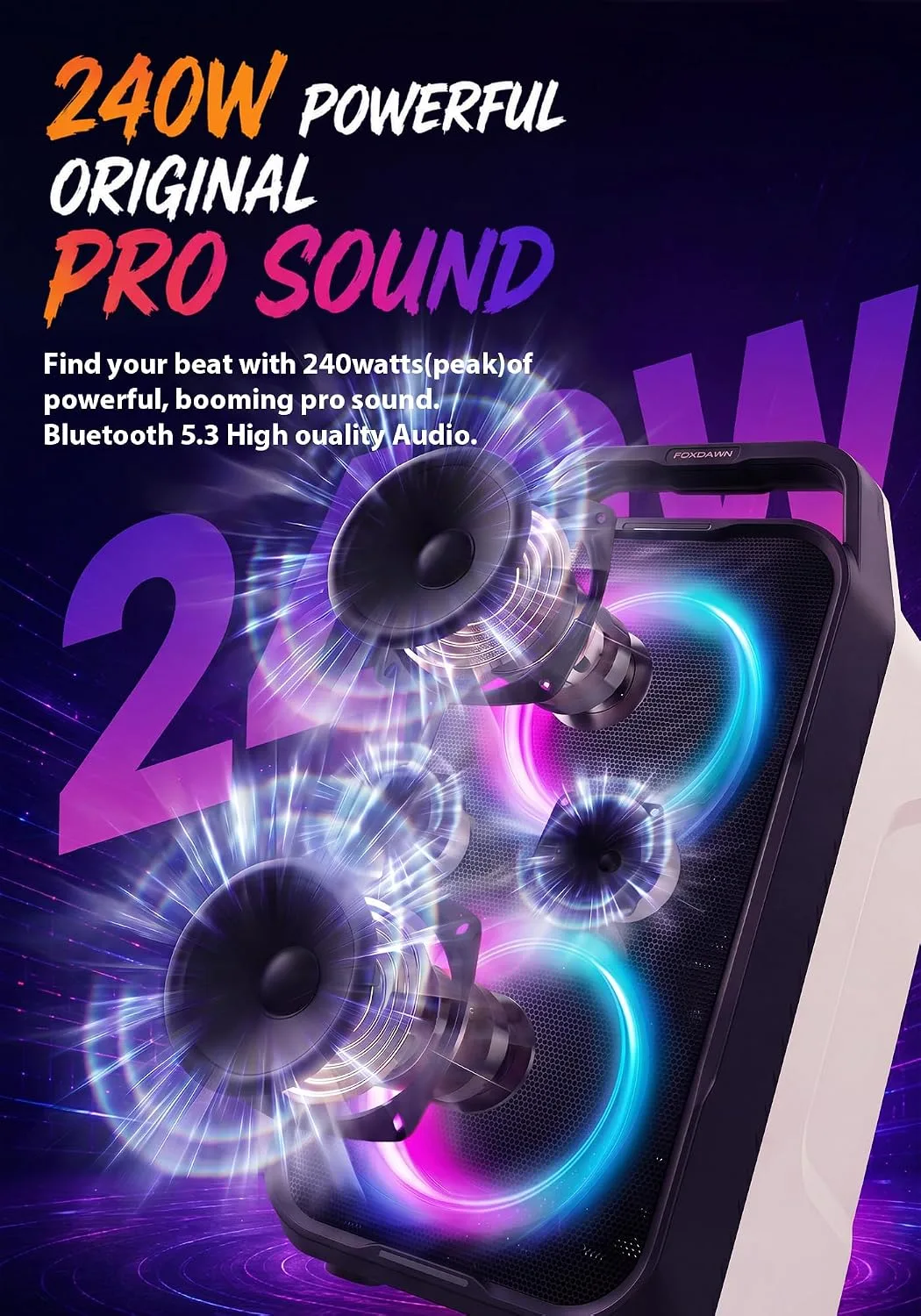 Foxdawn Party Bluetooth Speaker: 240W Peak Loud Sound with Deep Bass