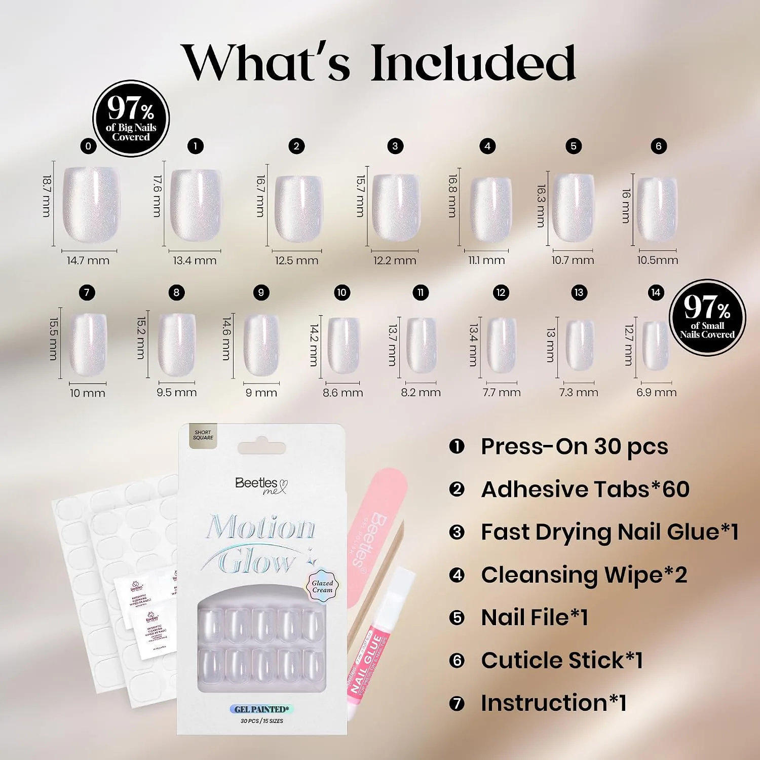 Beetles White Cat Eye Press On Nails, Short Square, 30 PCS
