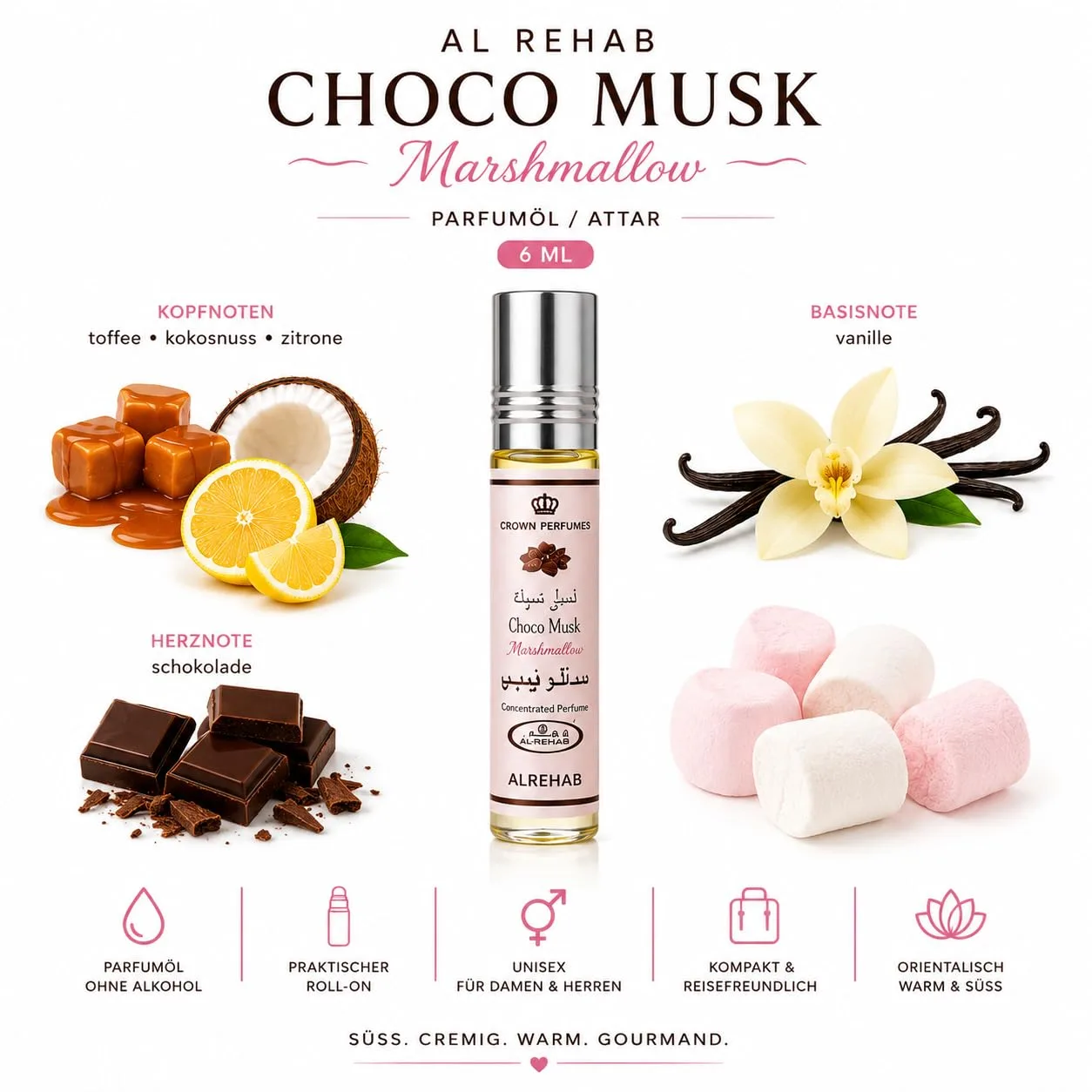 Al Rehab Choco Musk Marshmallow – Sweet Chocolate-Vanilla Concentrated Perfume Oil Roll-On for Unisex, 0.2 Ounce / 6ml