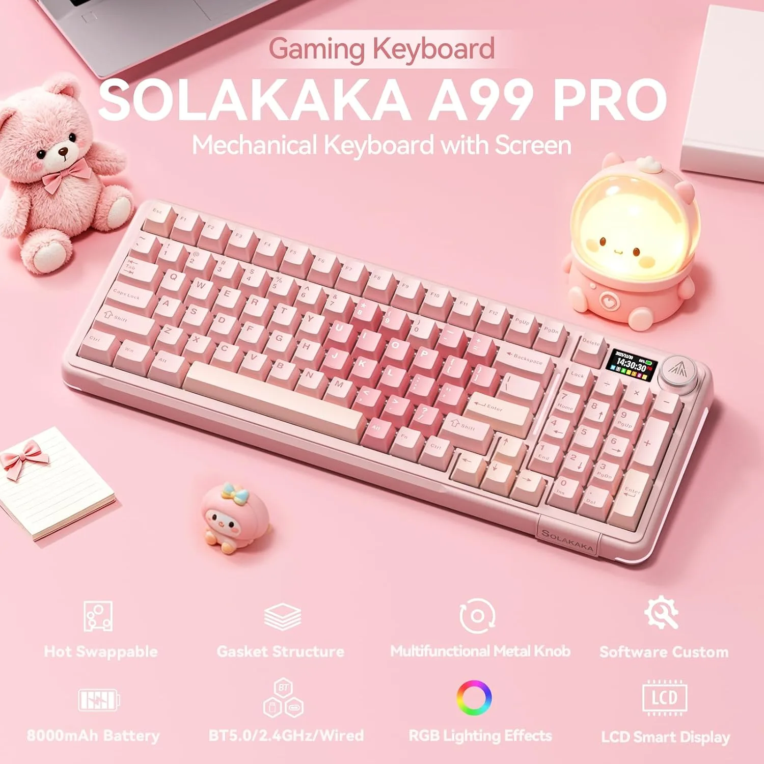 SOLAKAKA A99 Pro Wireless Gaming Keyboard with LCD Screen & Metal Knob, 96% Layout Mechanical Keyboard, 2.4GHz/BT5.0/USB-C, Hot Swappable, Creamy Keyboard with Gasket Structure, RGB, for Win/Mac