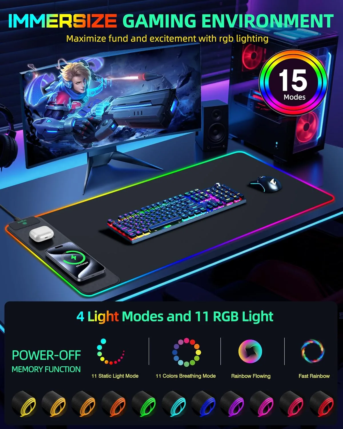 Mouse Pad with Wireless Charging, RGB Gaming Desk Mat, 31.5"x15.7"
