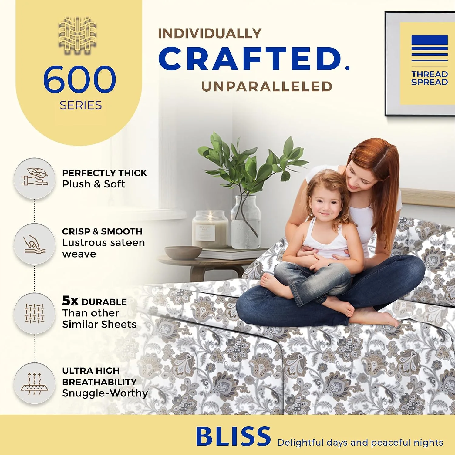 THREAD SPREAD Egyptian Cotton Sheets King Size - Luxury 600 Series King Size Sheets Set (4 PC, Floral Ivory), 16" Deep Pocket All Around Elastic, Soft, Cooling, Sateen, Durable Hotel Bed Sheet Sets