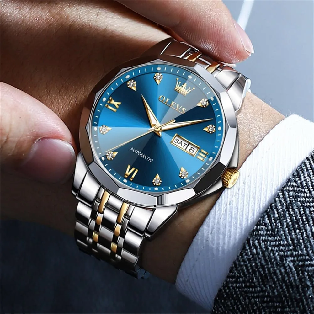 OLEVS Skeleton Men Watches Automatic Business Luxury Diamond Self Winding Watch for Men Stainless Steel Calendar Wrist Watch