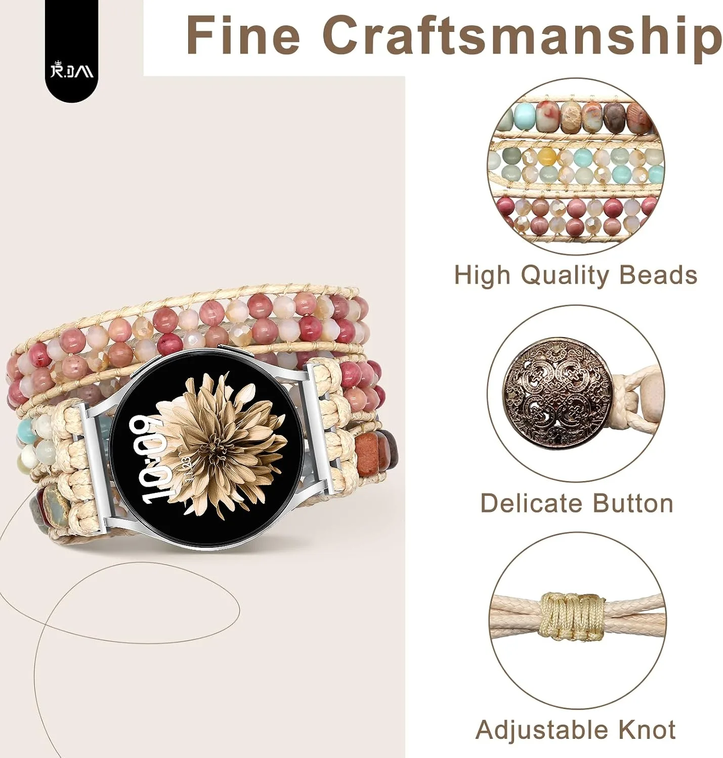 JR.DM Boho Beaded Handmade Braided Bracelet Band Women 20mm Compatible with Samsung Galaxy Watch 7/6/5/4/Active 2/4 Classic/6 Classic/5 Pro/FE 40mm 42mm 43mm 44mm 45mm 46mm 47mm