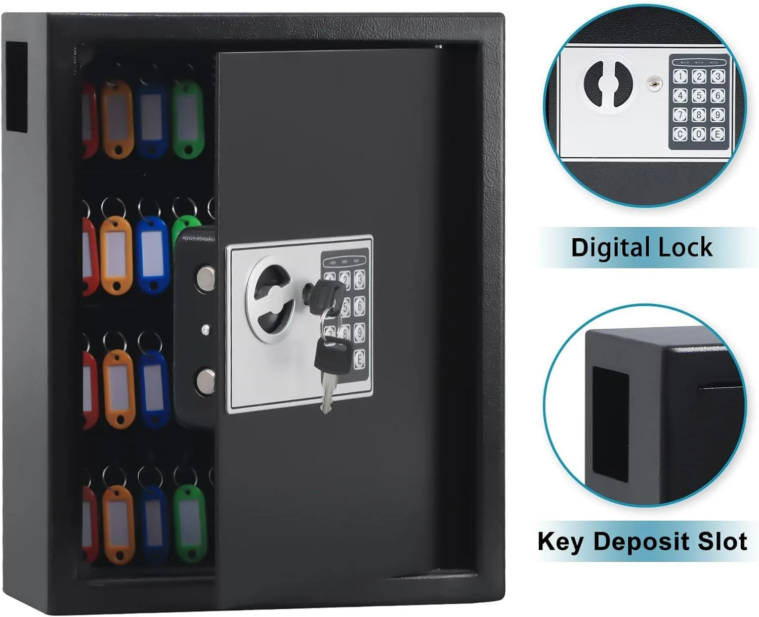 KYODOLED Digital Key Box, Wall Mount 40 Key Cabinet with Key Tags, Black