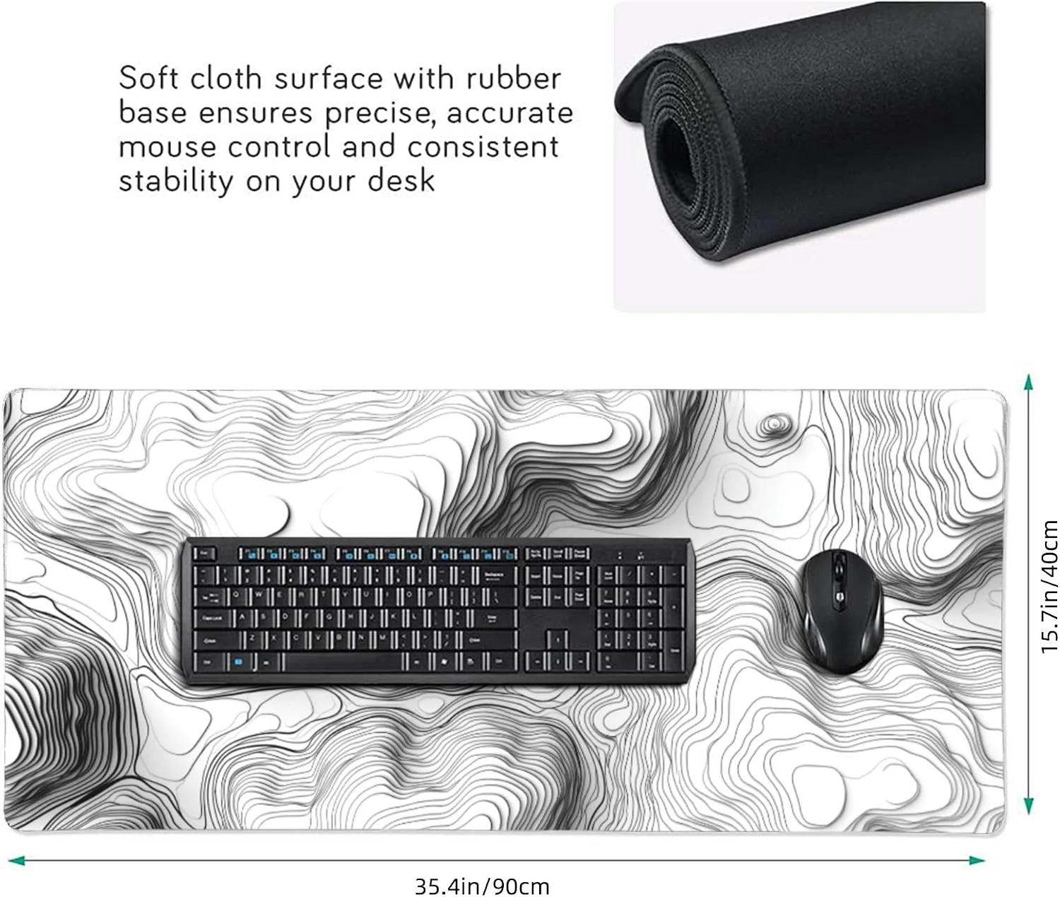 White Topographic Mouse Pad, XXL Extended Gaming Desk Mat, Non-Slip Rubber Base, Stitched Edges, 35.4" x 15.7"