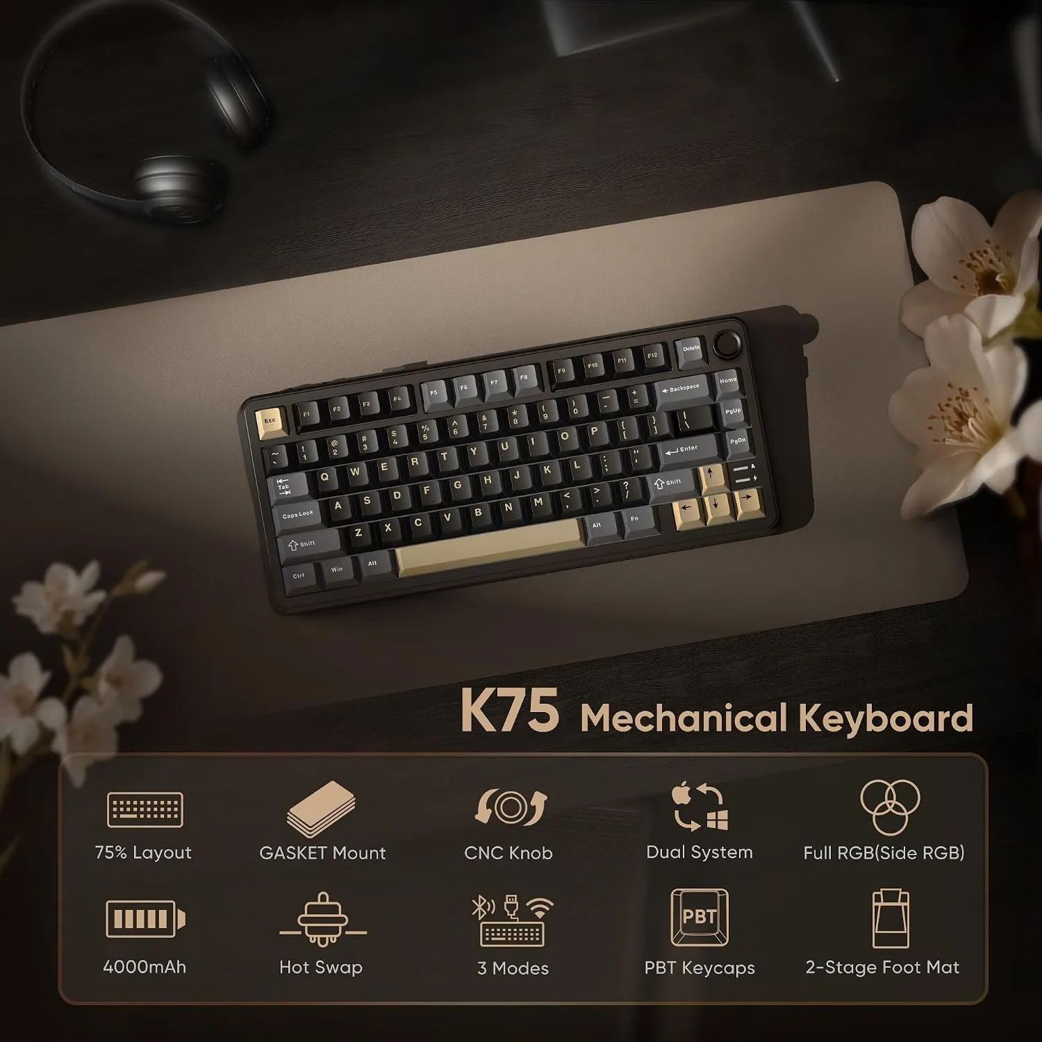 RedThunder K75 Wireless Mechanical Keyboard, CNC Knob, Tri-Mode BT5.0/2.4GHz/USB-C Hot Swappable Custom, Pre-lubed Linear Coconut Switches, Gasket Structure, RGB Gaming Keyboard, Black-Gold