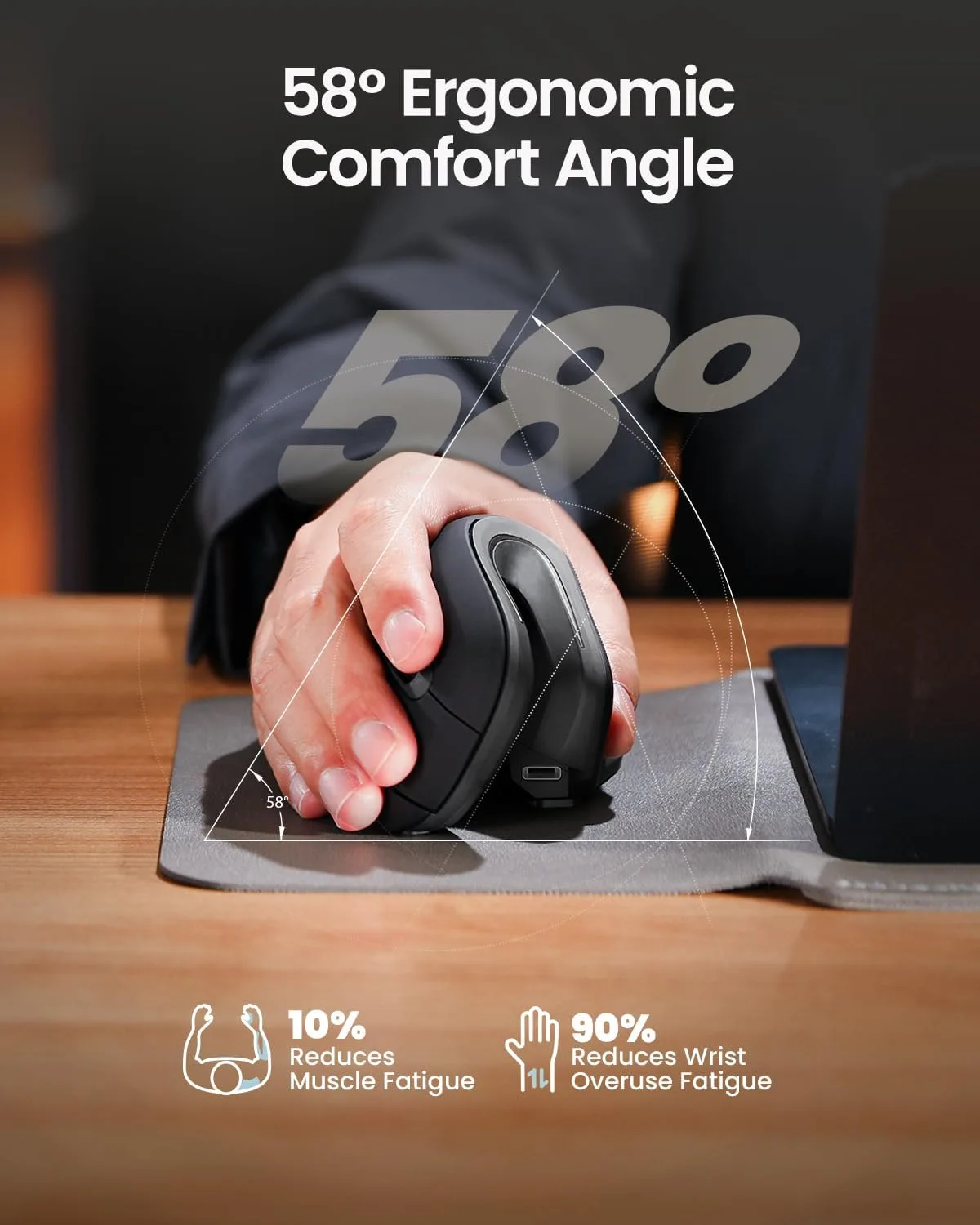 ProtoArc EM11 NL Wireless Ergonomic Vertical Mouse, Rechargeable, Gray