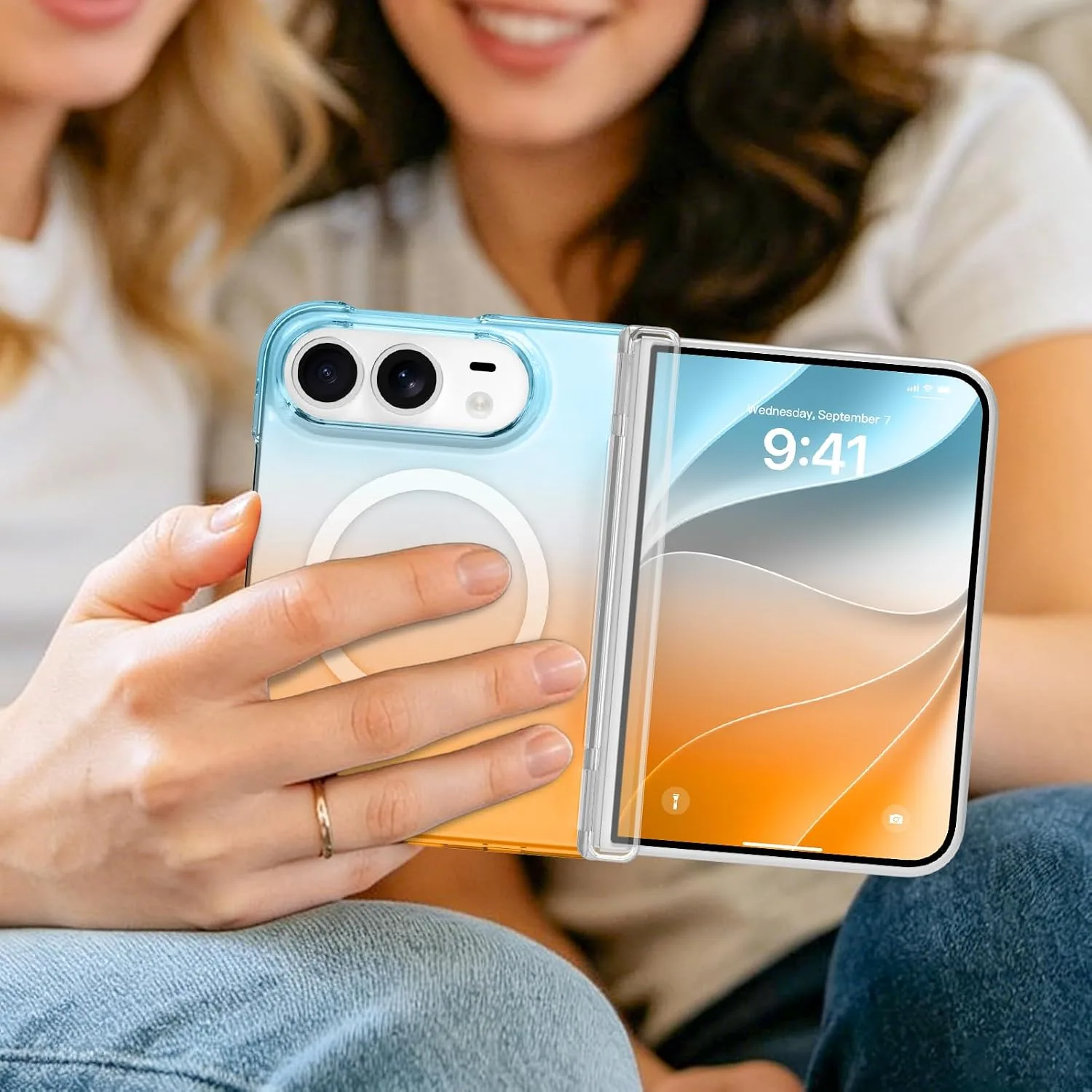 tharlet Magnetic Case Fit for iPhone Duo, Anti Yellowing, Orange Blue