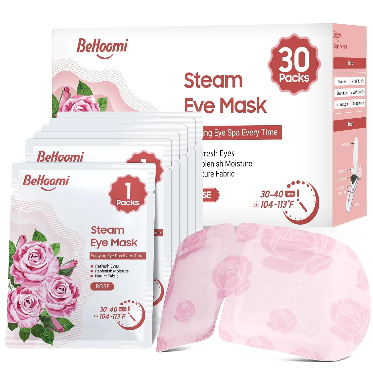BeHoomi 30Packs Steam Eye Mask, Heated Eye Mask for Dry Eyes, Rose
