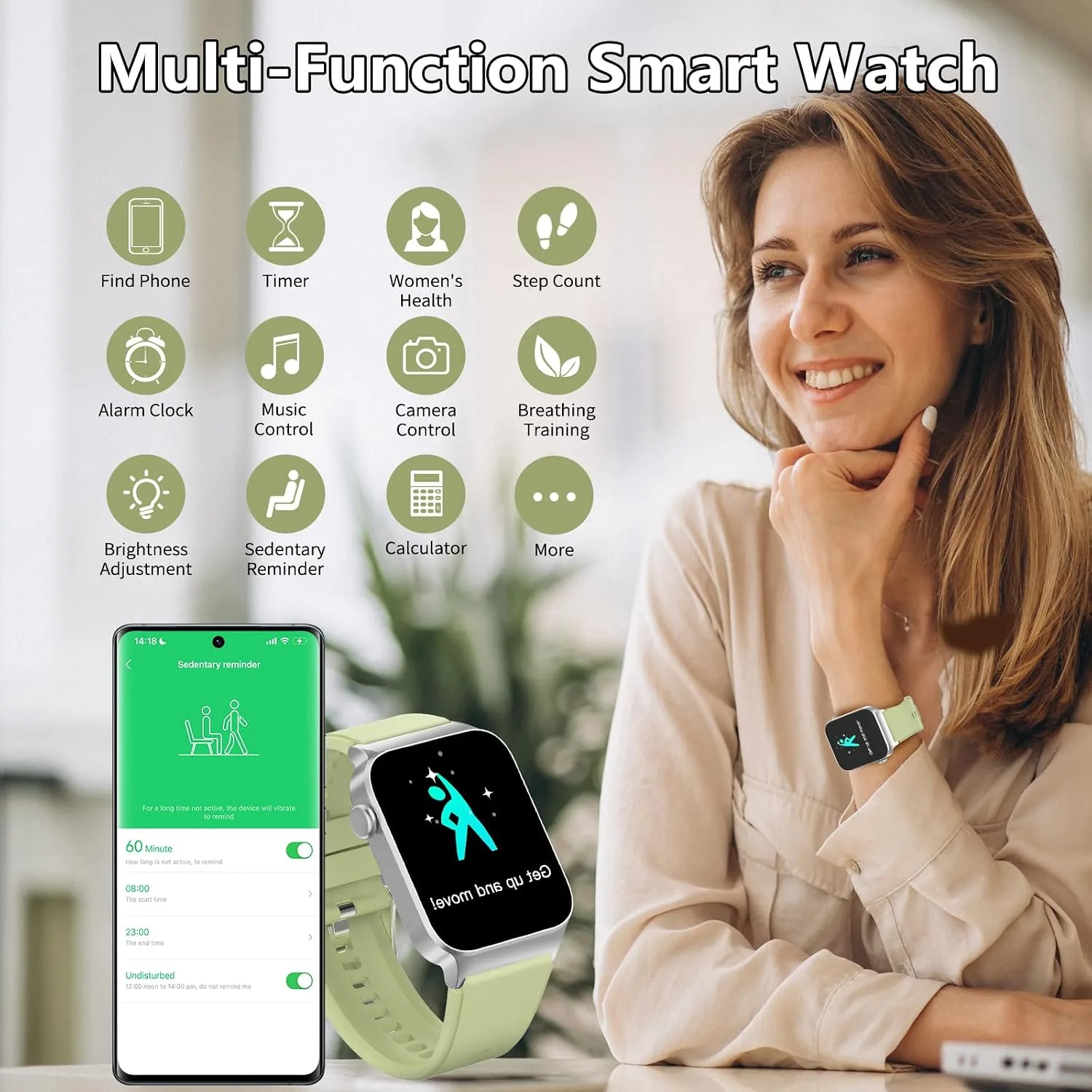 STECEi Smart Watch for Men Women Bluetooth Call, 1.85" HD Screen Smartwatch with Heart Rate/Sleep Monitor, 110+ Sport Modes Activity Trackers IP68 Waterproof, Fitness Watch for Android, Olive Green