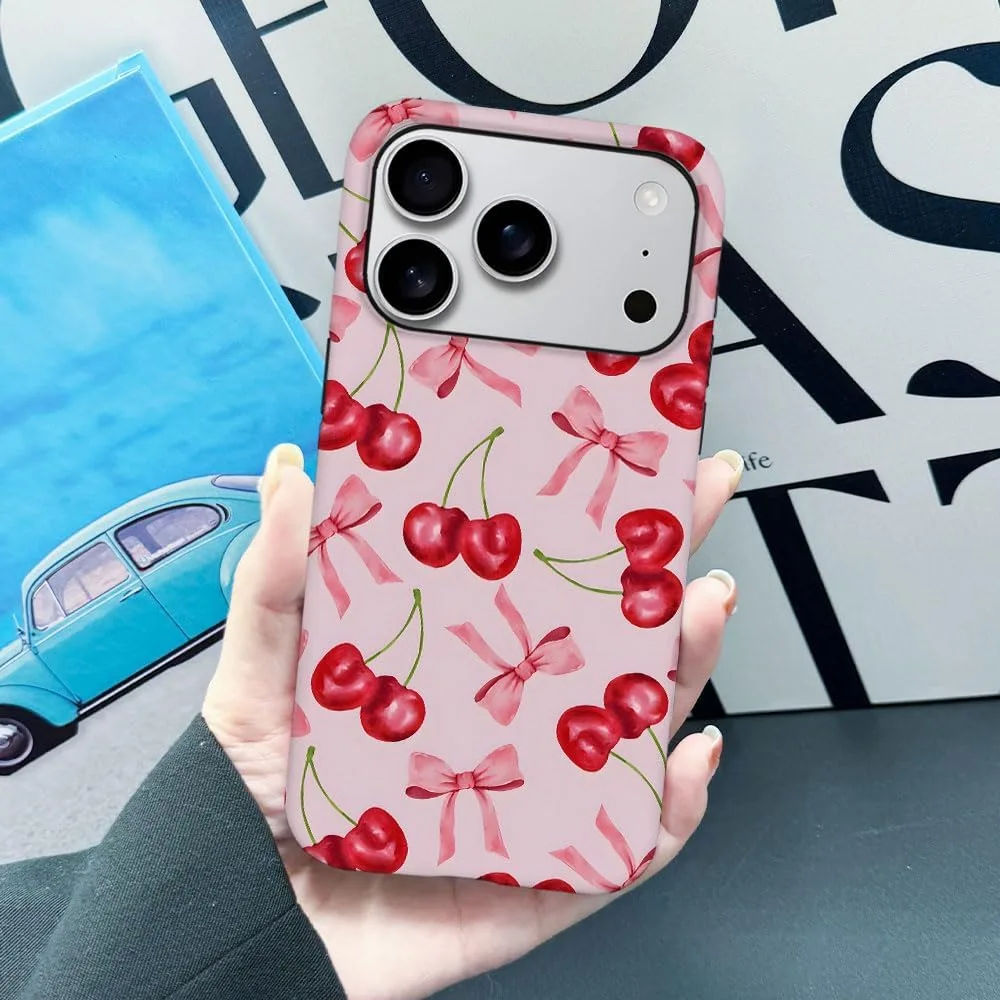 Case Compatible with iPhone 18 Pro/iPhone 17 Pro,Fall Prevention Hybrid 2-Layer Hard Shell Phone Cover for Girls Boys,Pink Bow Cherry Ribbon Fruit