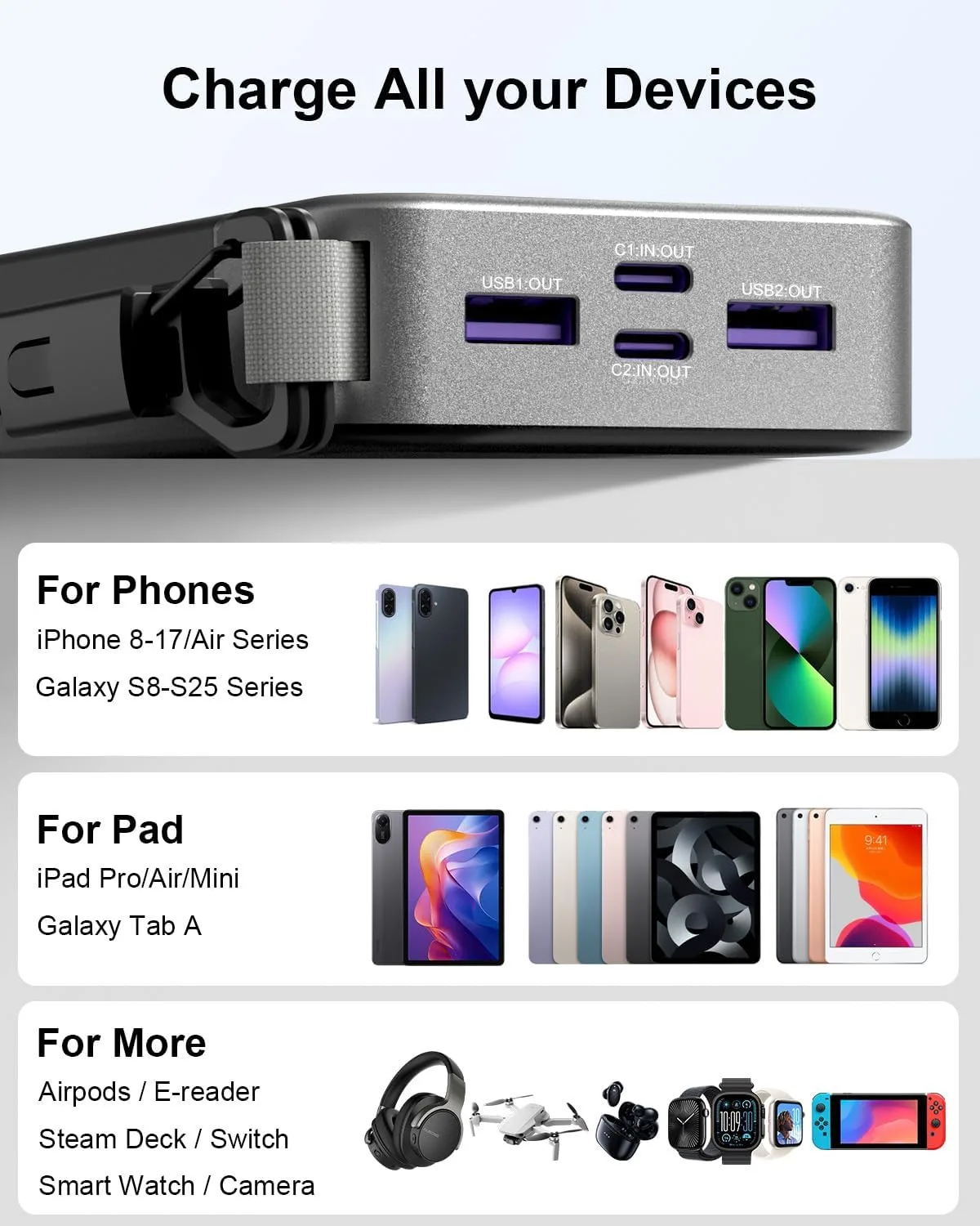 NOBIS Portable Charger 20000mAh 45W Power Bank with Detachable C-Cable