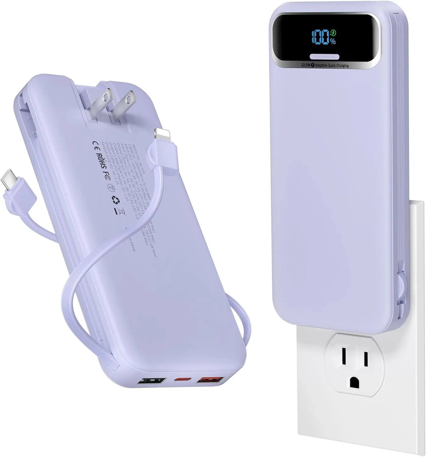 aonidi Portable Charger 12000mAh with Built-in Cables&AC Wall Plug, Purple