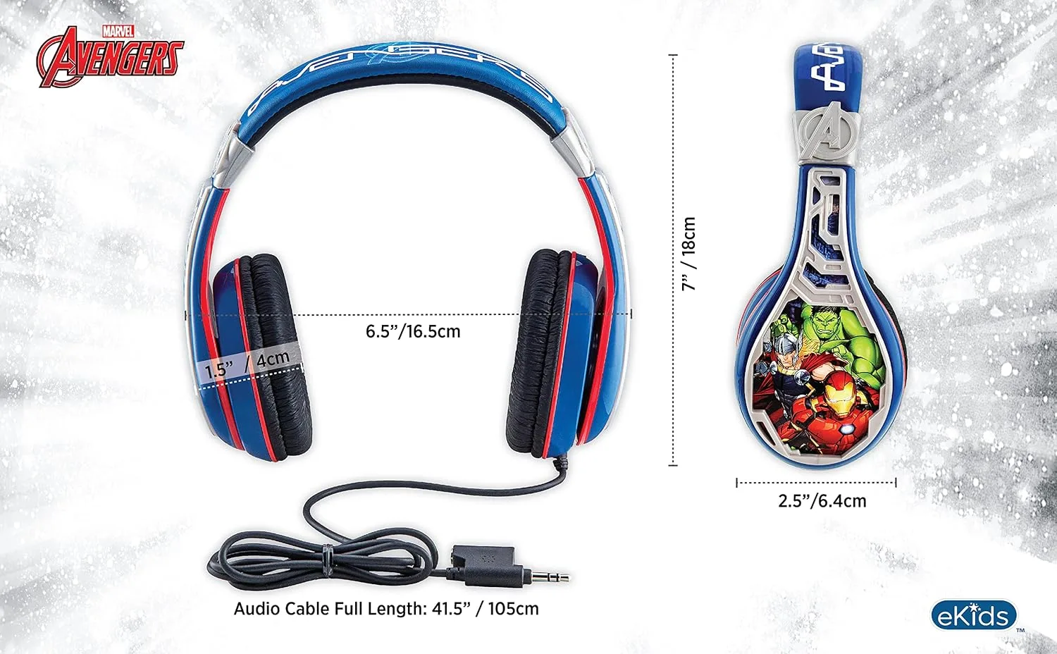 eKids Avengers Headphones for Kids, Wired Headphones for School, Home or Travel, Tangle Free Stereo Earphones with Volume Control, 3.5mm Jack, For Fans of Avengers Merchandise