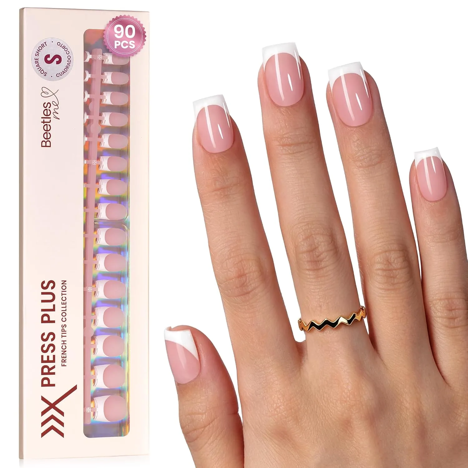Beetles French Tip Press On Nails, Short Square, 90 Pcs, 15 Sizes