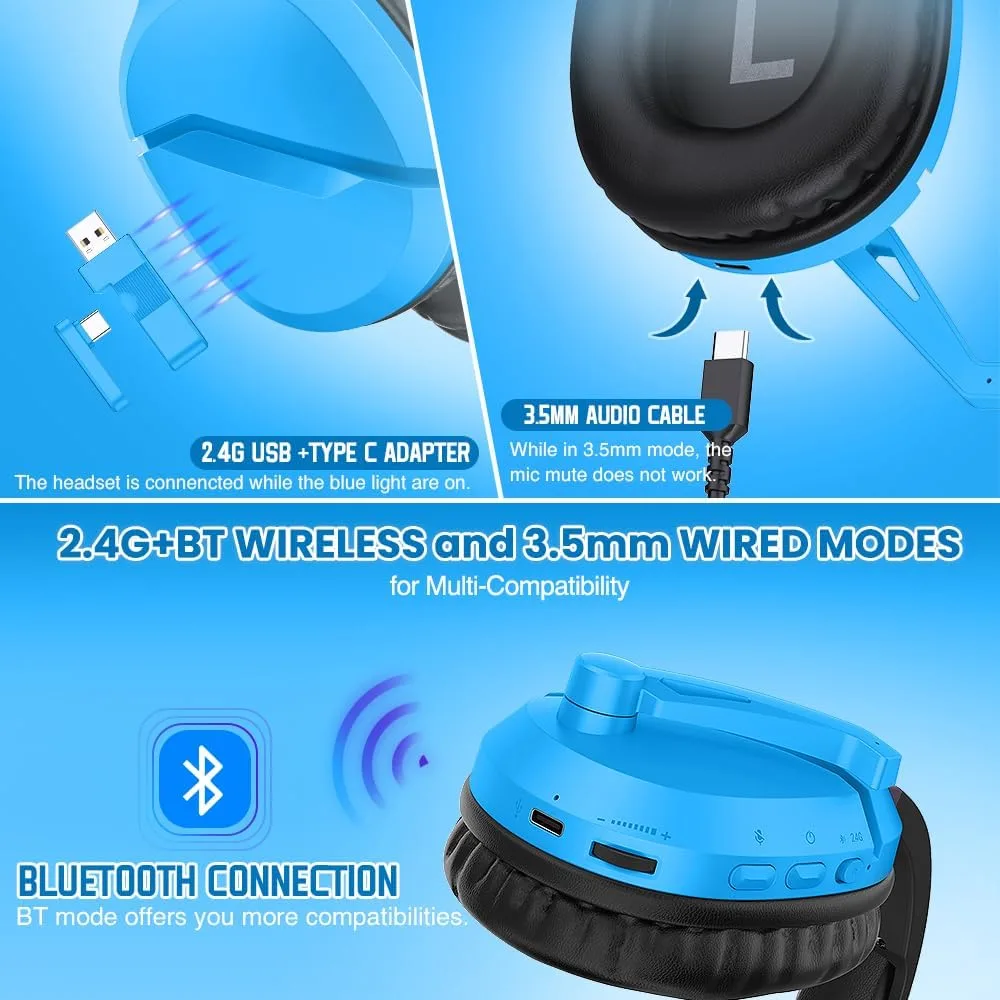 WolfLawS Wireless Gaming Headset with Mic for PS5 PC PS4, Blue