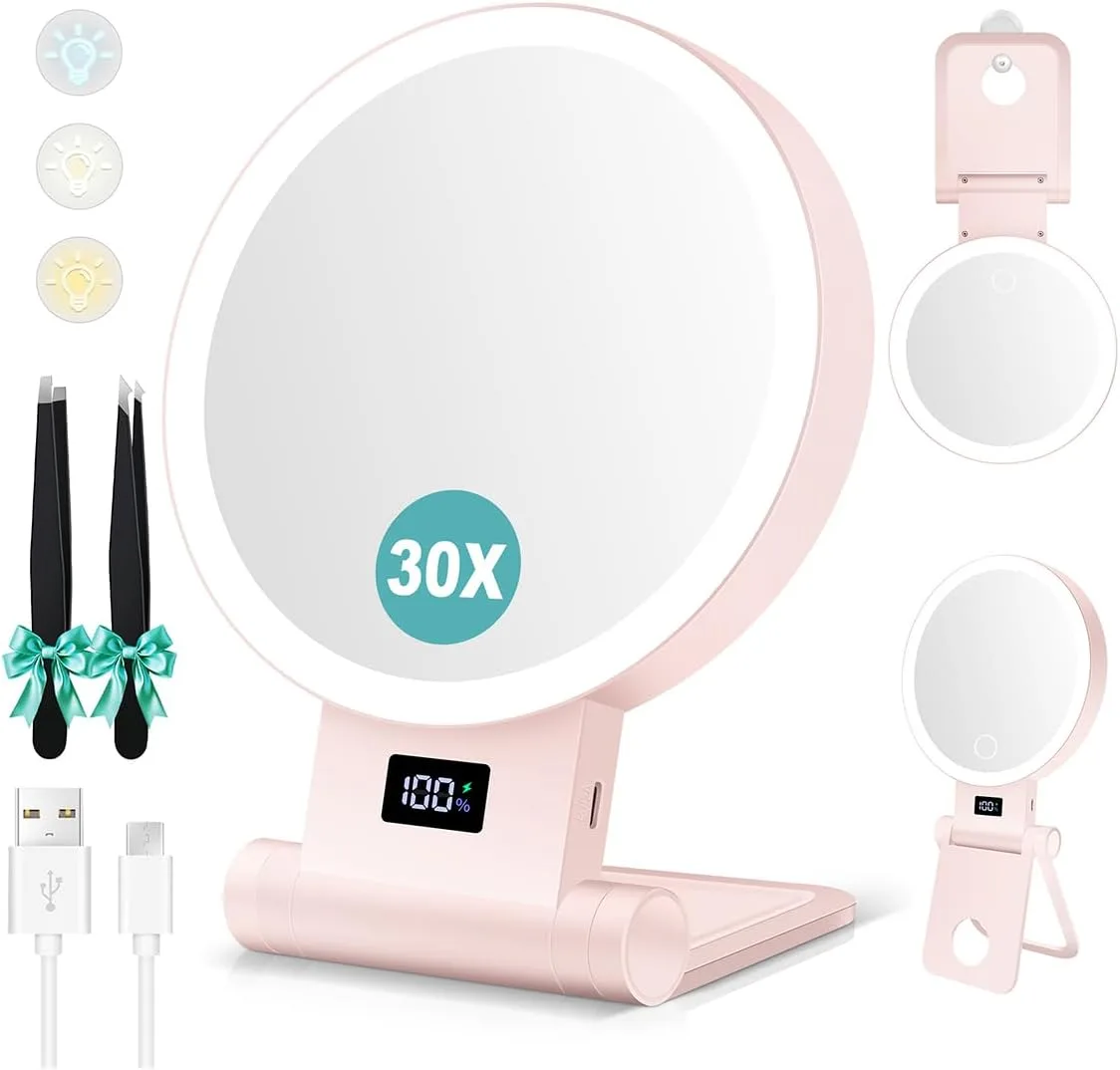 B Beauty Planet Magnifying Mirror with Light 30X, 2000mAh 1X/ 30X Makeup Mirror with Standable Base & Tweezers, 3 Color Modes with Adjustable Brightness& Smart Display, Foldable for Travel Pink