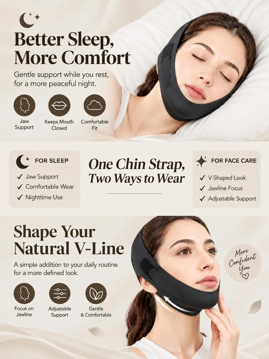 V Line Lifting Mask Chin Strap for Sleeping, Face Lifting Strap, Chin Strap, V Line Mask, Jawline Shaper, Jaw Strap, Double Chin Reducer, Face Lift Tape & Snoring Solution (Black)