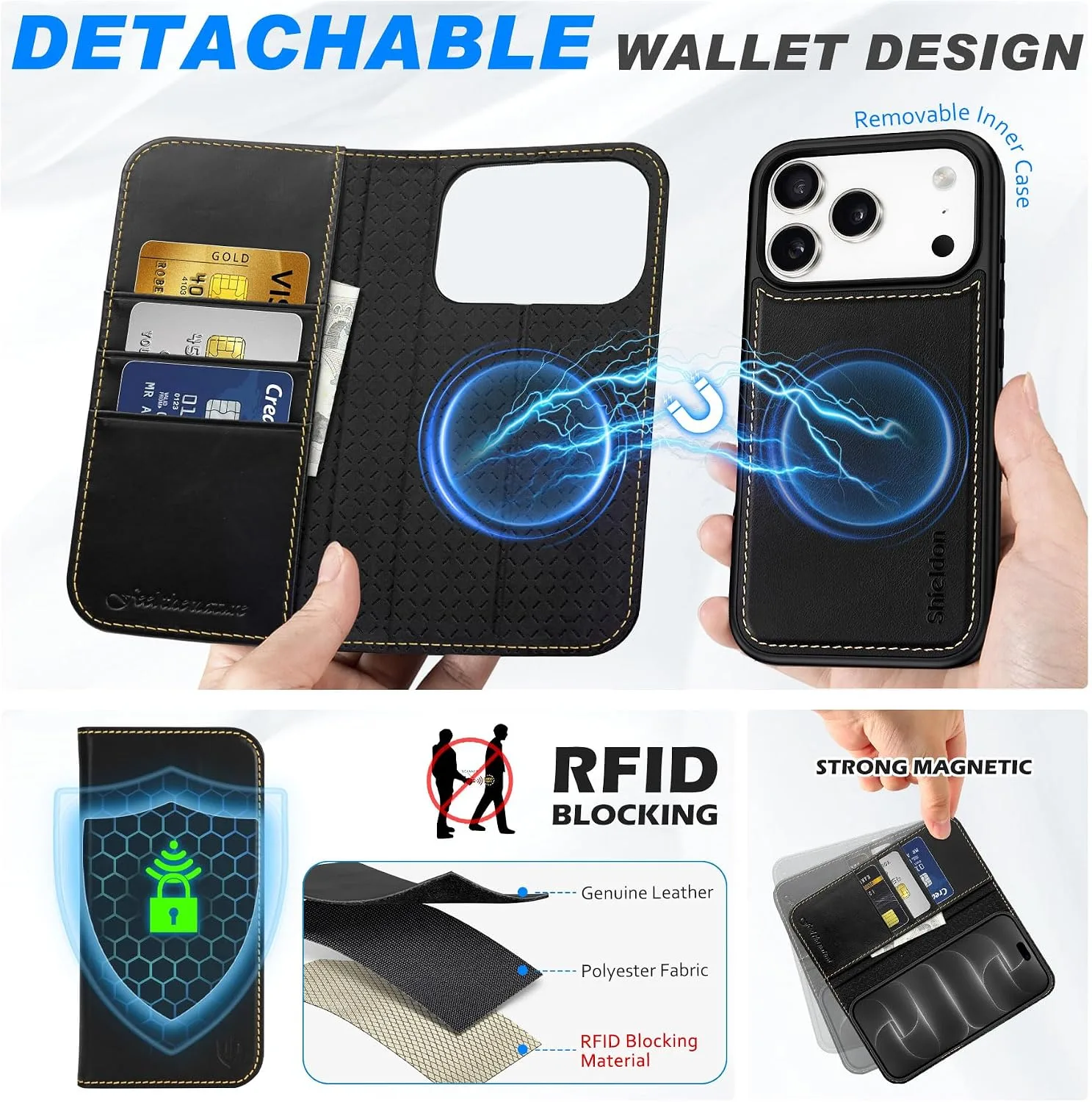 SHIELDON 2 in 1 Leather Wallet Case for iPhone 18 Pro/17 Pro, Retro Black