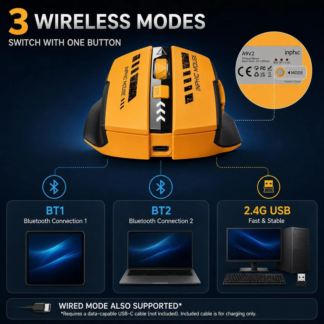 INPHIC A9 Wireless Gaming Mouse, Rechargeable, 12800 DPI, RGB Light