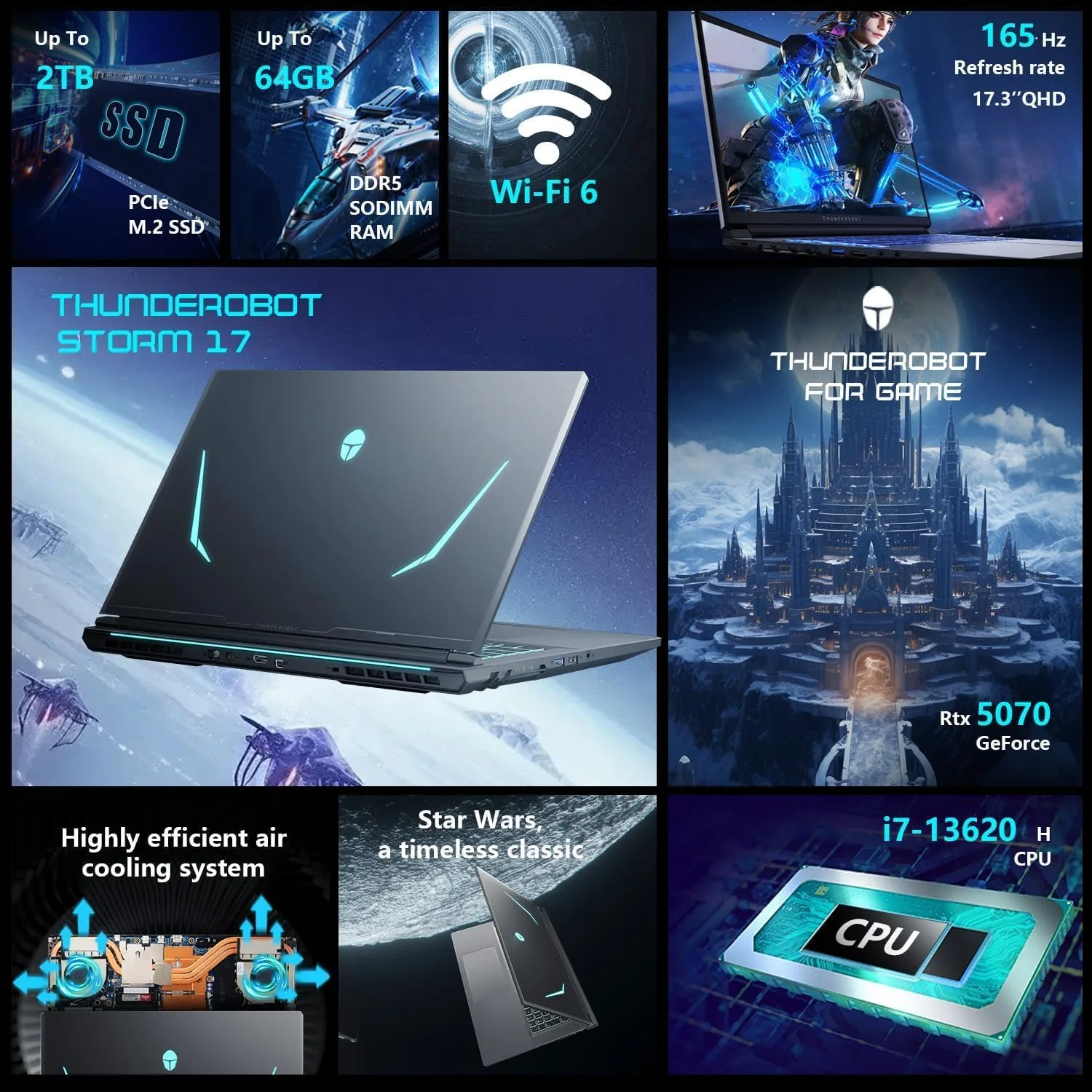 Thunderobot Storm 17 5070 Gaming Laptop, 17.3" QHD 165Hz 2K Display, Core i7-13620H, GeForce RTX 5070, 32GB DDR5 RAM, 2TB SSD, RGB Backlit Keyboard, HDMI, Wi-Fi 6, Win11 Home