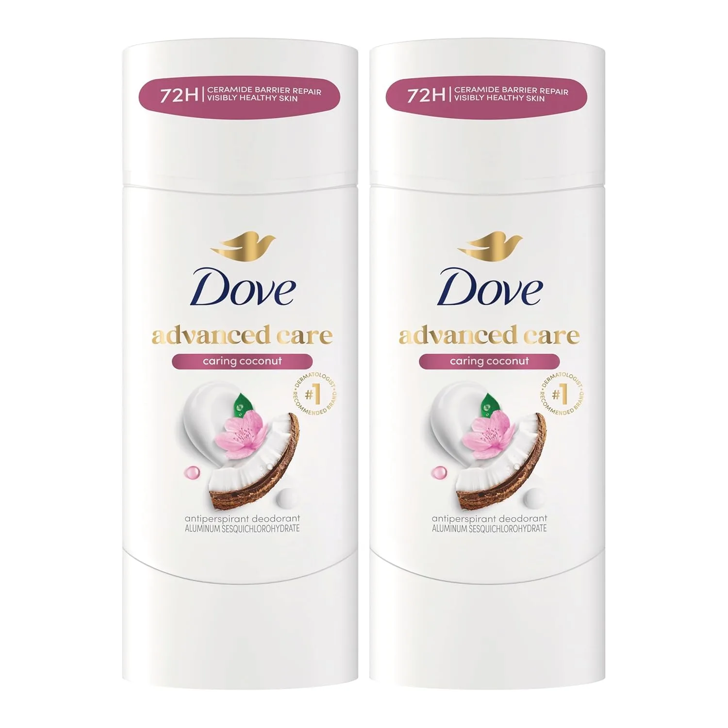 Dove Advanced Care Antiperspirant Caring Coconut, 2 Count Deodorant Stick for Women, for 48 Hour Protection And Soft And Comfortable Underarms, 2.6 oz
